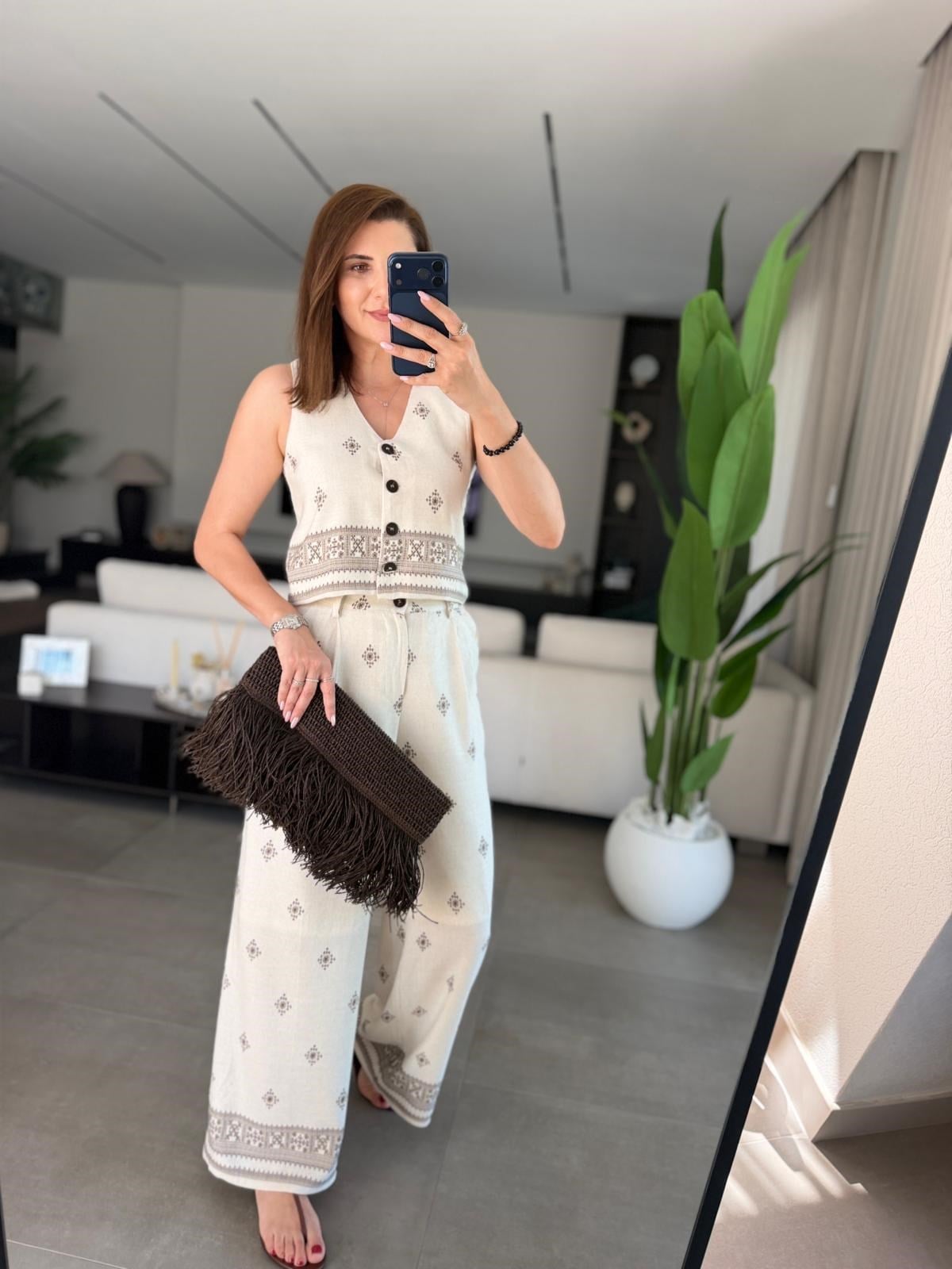 Su Yolu Keten Yelek Pantolon Takım