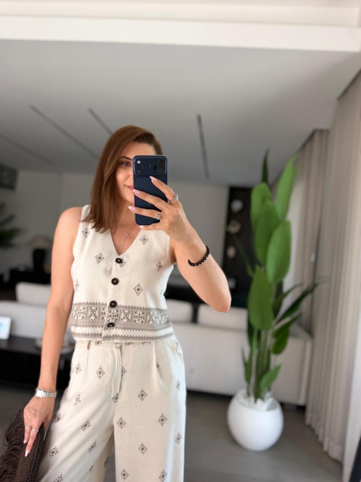 Su Yolu Keten Yelek Pantolon Takım
