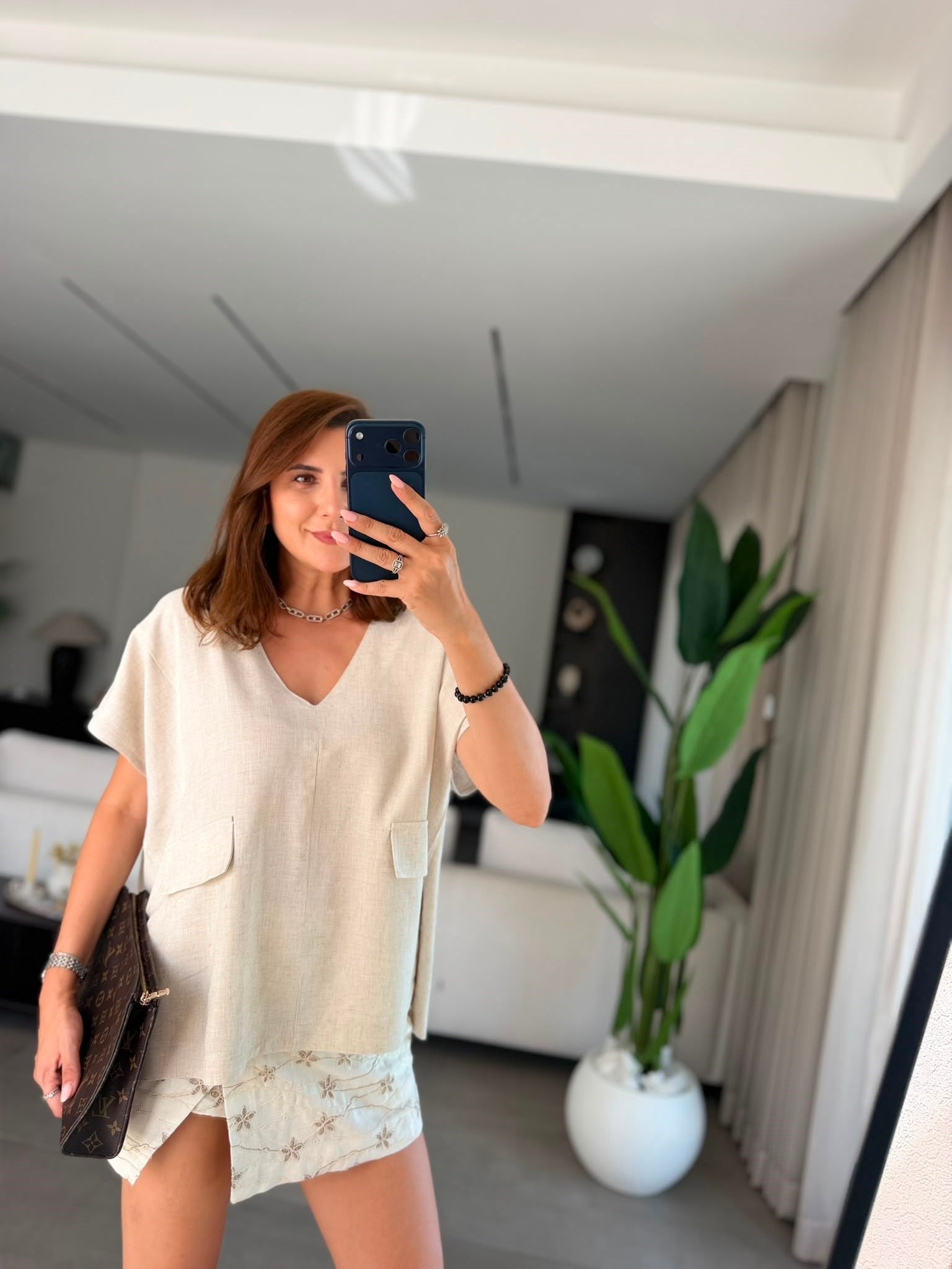 Taş Cepli Sahra Keten Bluz