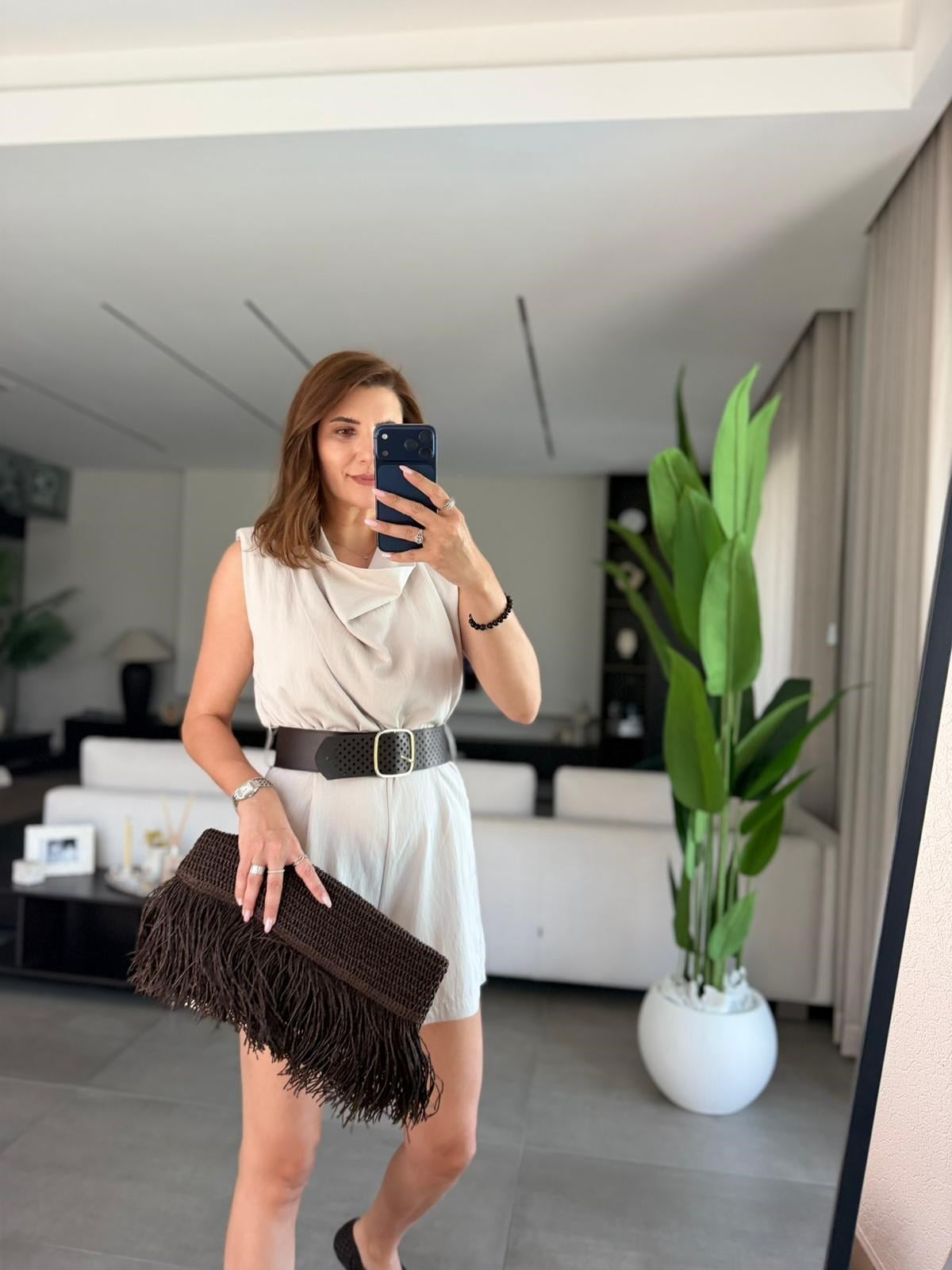 Taş Kemerli Yaka Düğmeli Tulum