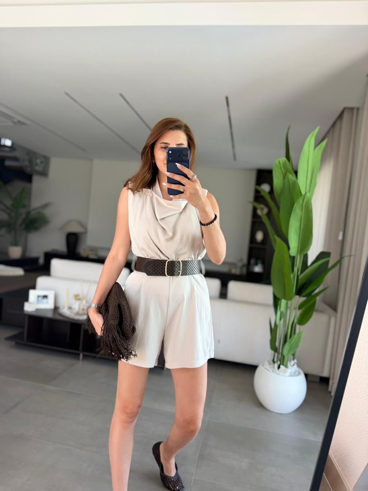 Taş Kemerli Yaka Düğmeli Tulum