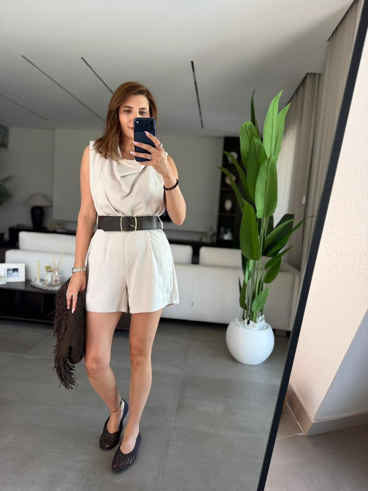 Taş Kemerli Yaka Düğmeli Tulum