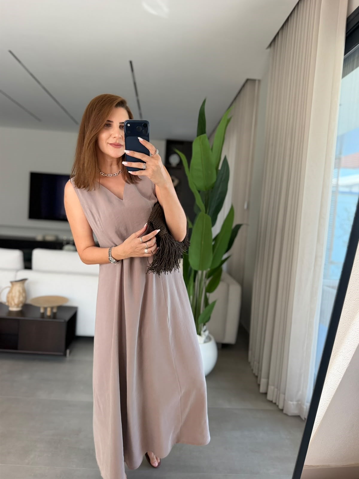 Taş  Ön Ve Arka V Yaka Tencel Elbise