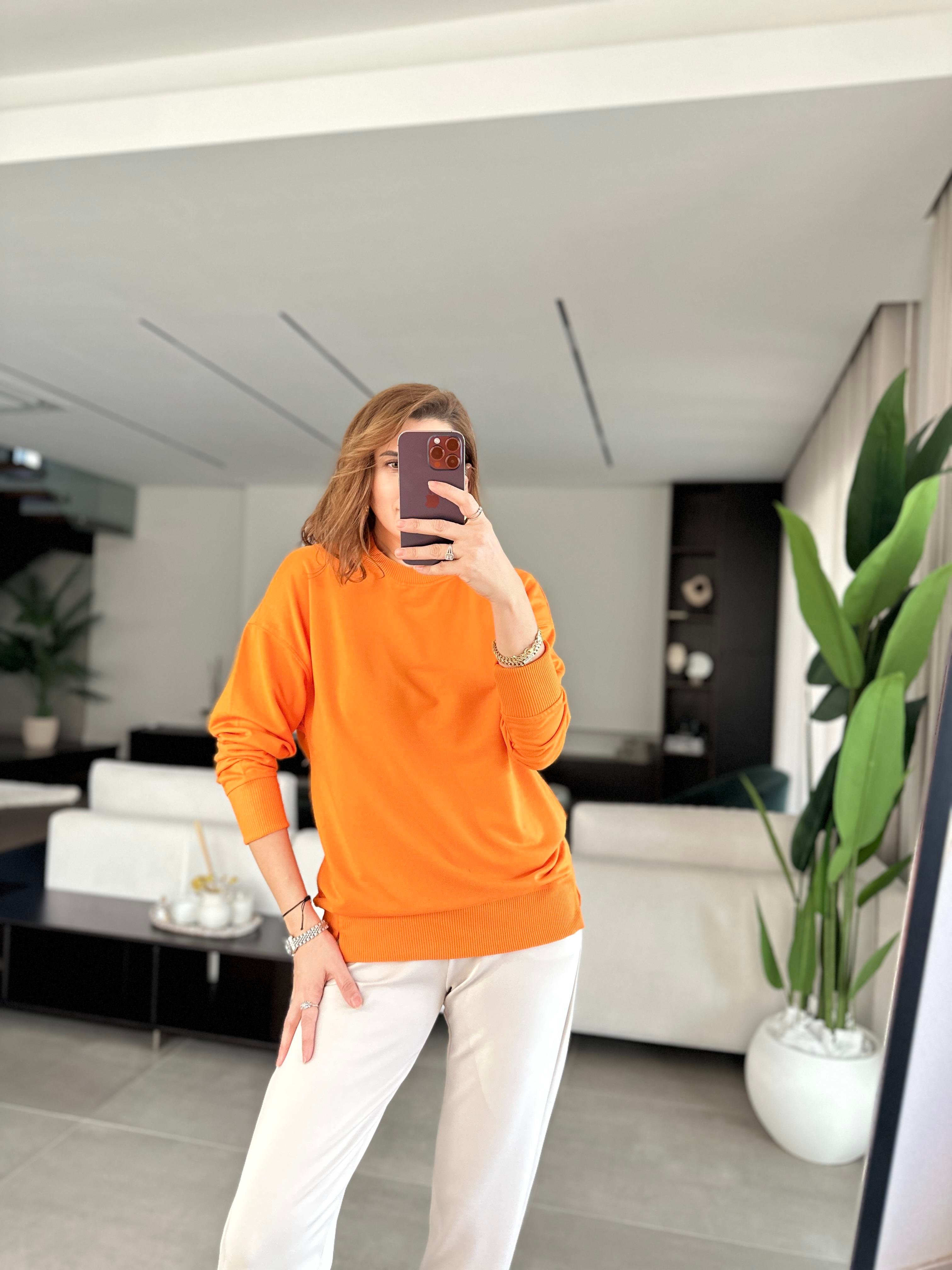 Turuncu Basic Bisiklet Yaka Sweat