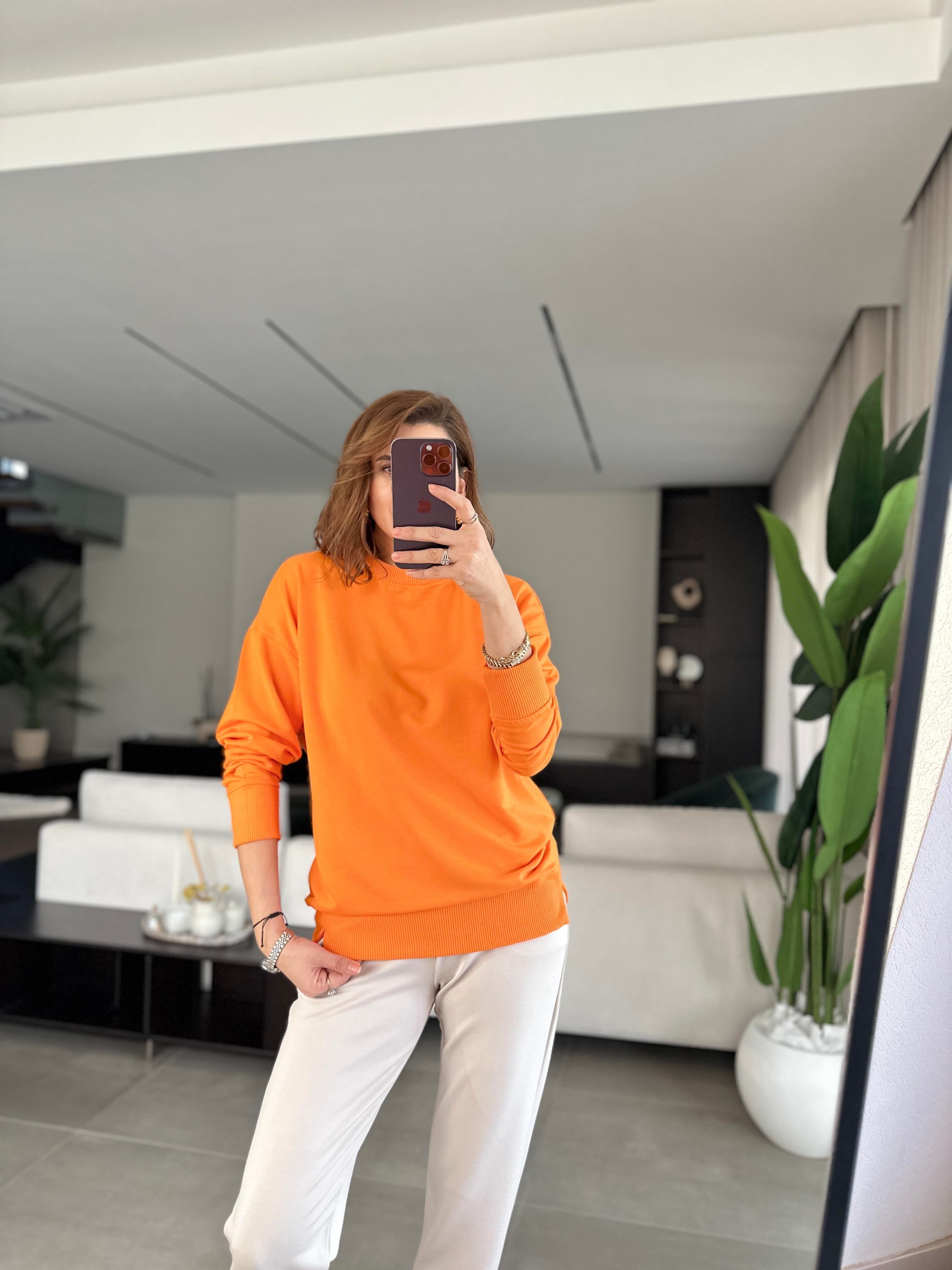 Turuncu Basic Bisiklet Yaka Sweat