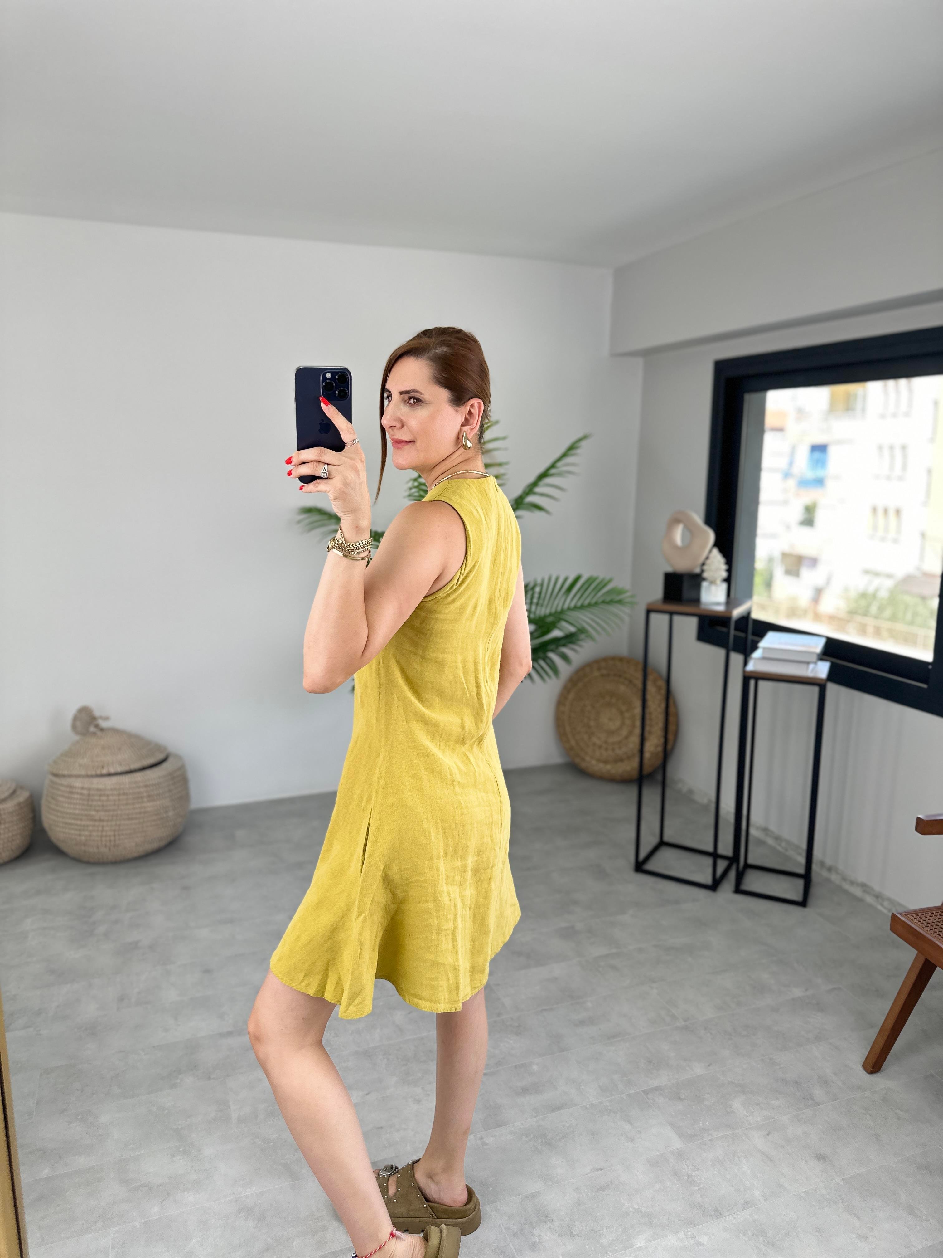 URLA ÇAN KESİM KETEN ELBİSE
