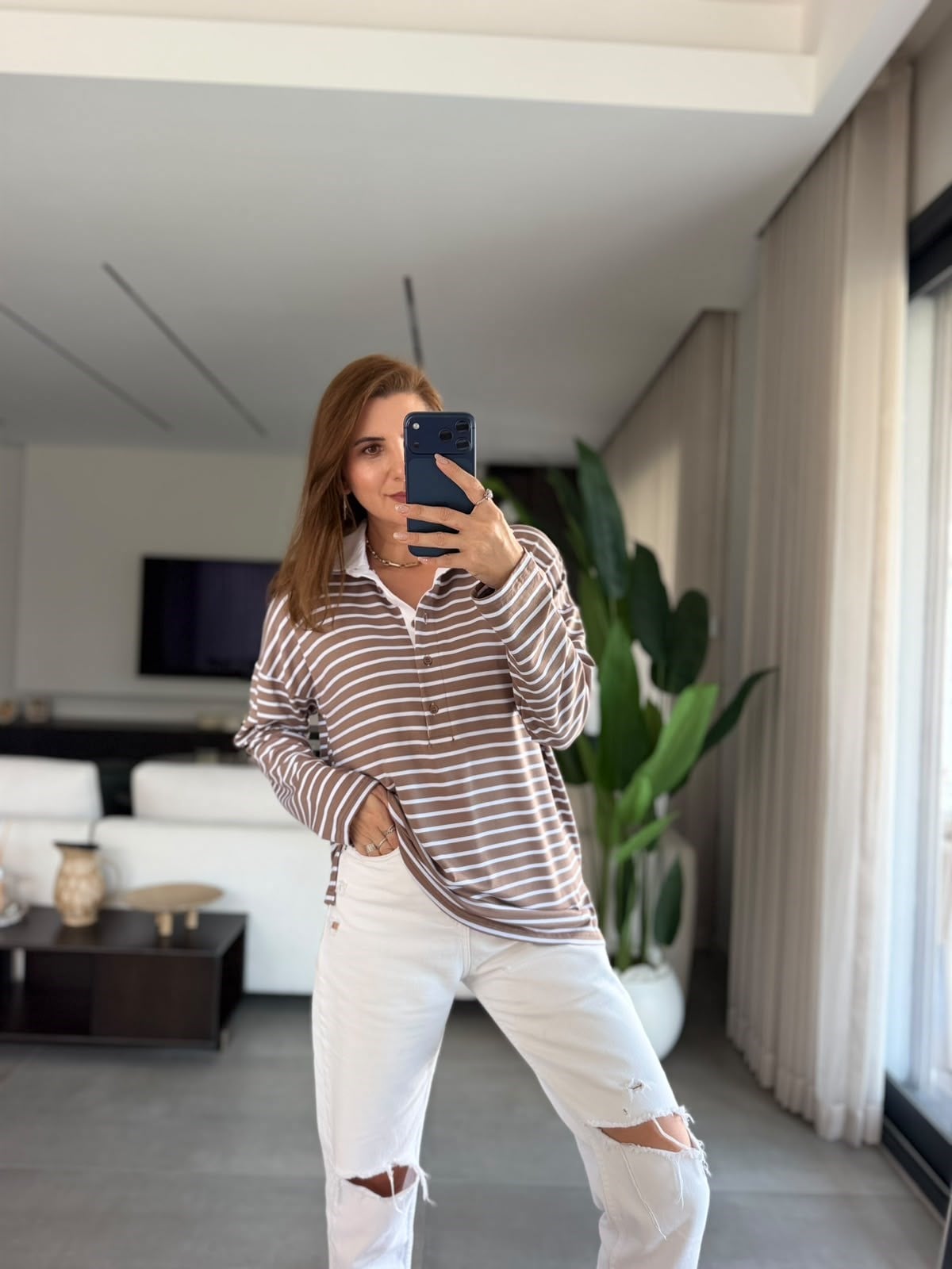 Vizon  Polo Yaka Çizgili Oversize Bluz