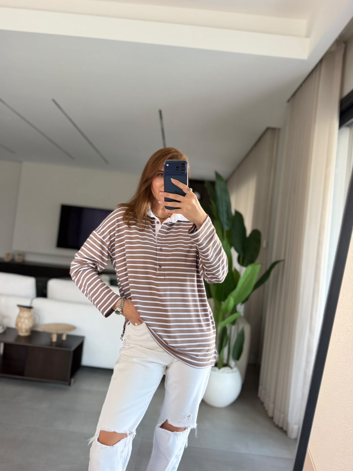 Vizon  Polo Yaka Çizgili Oversize Bluz