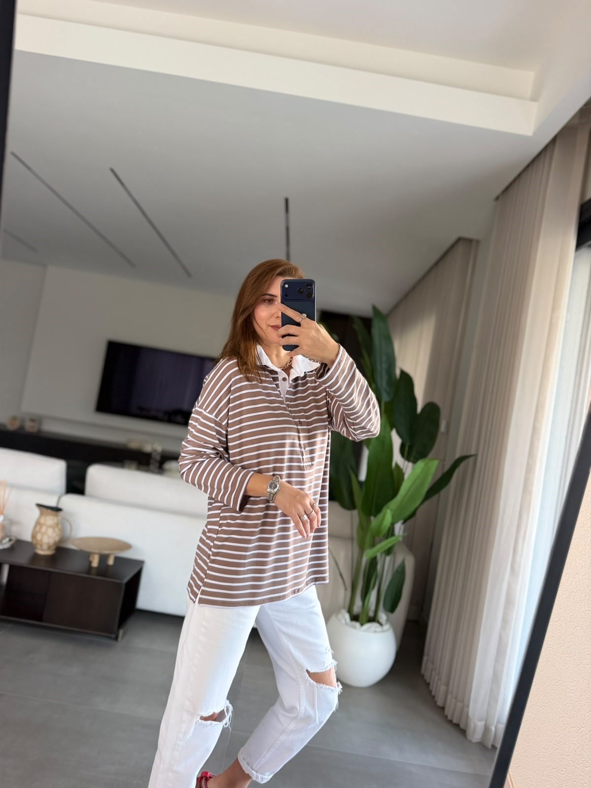 Vizon  Polo Yaka Çizgili Oversize Bluz
