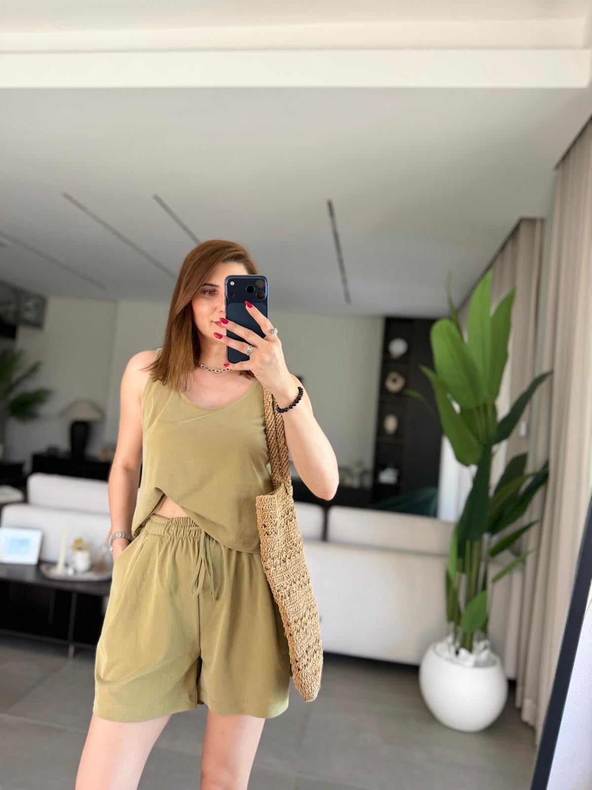 Yağ Yeşili Modal Premium Şortlu Takım