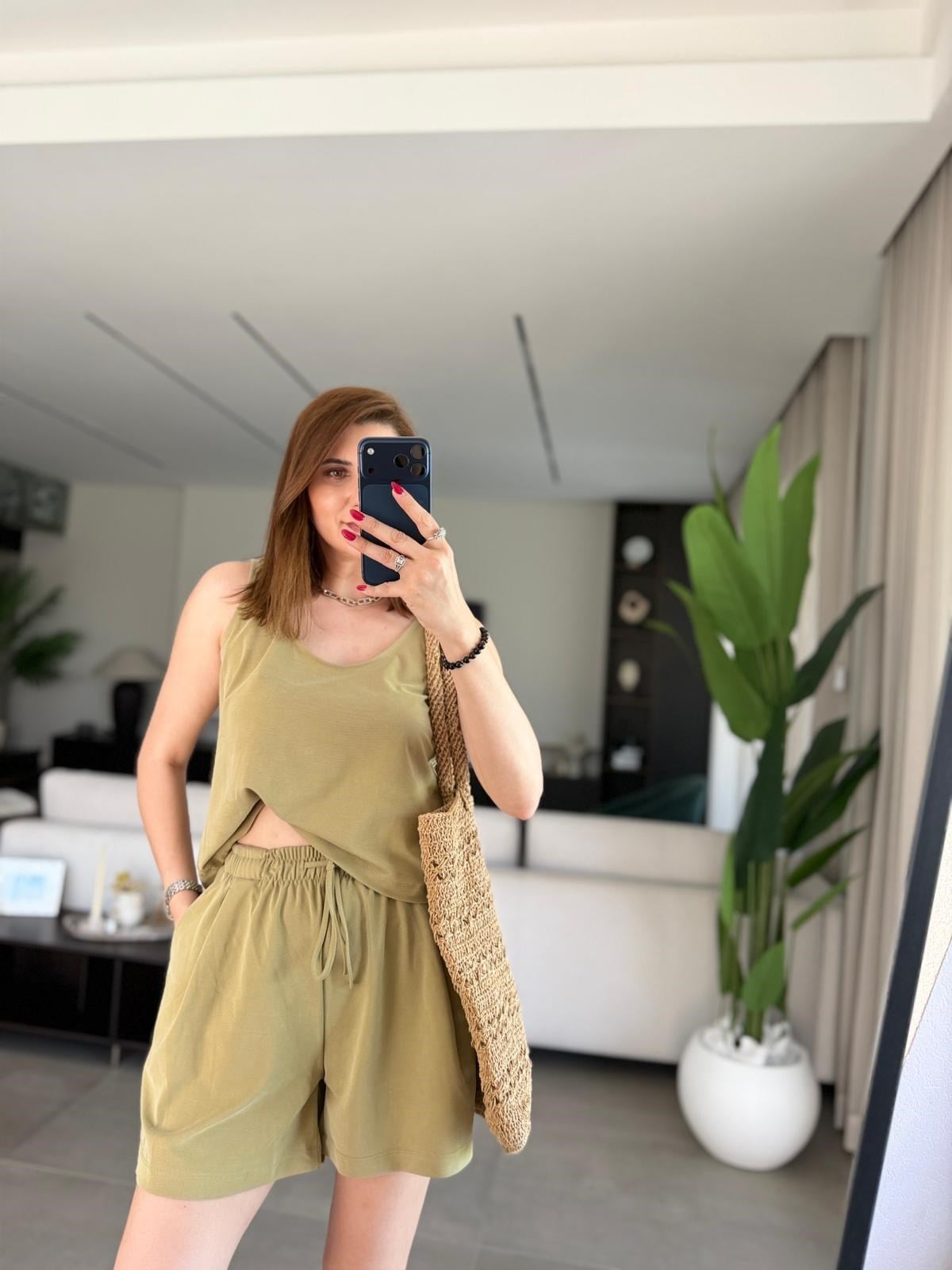 Yağ Yeşili Modal Premium Şortlu Takım