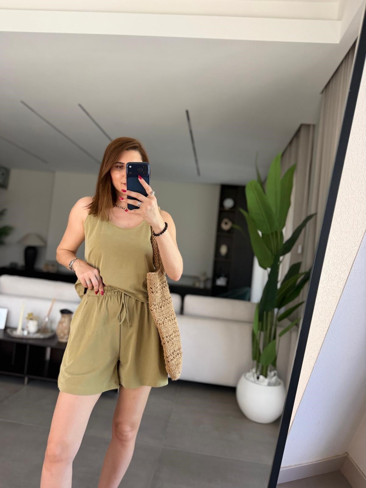 Yağ Yeşili Modal Premium Şortlu Takım