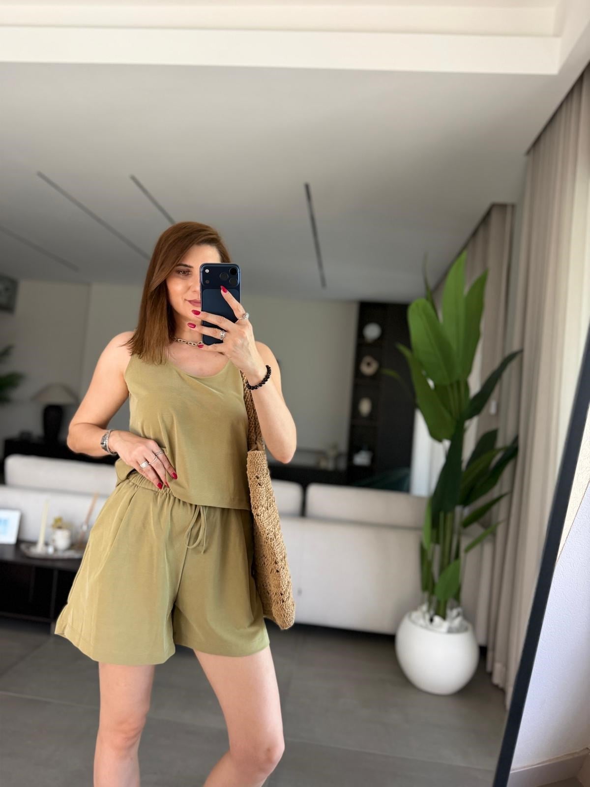 Yağ Yeşili Modal Premium Şortlu Takım