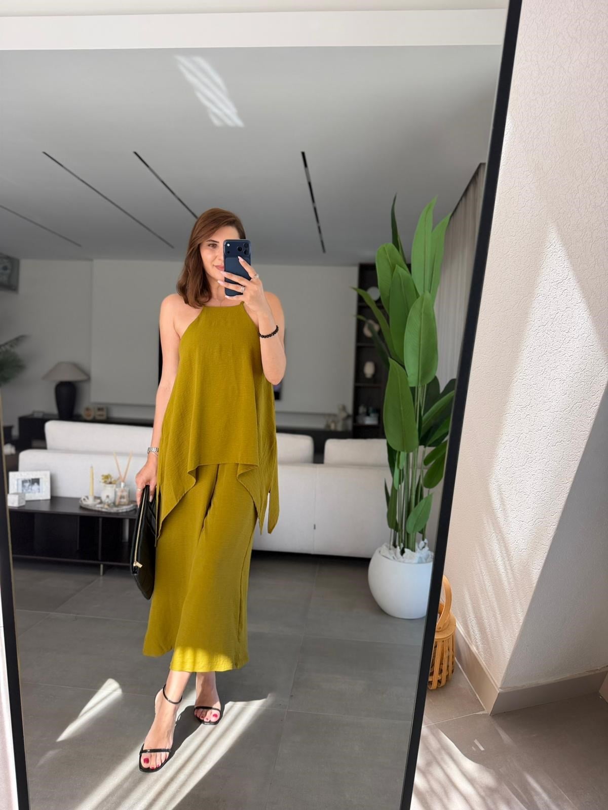 Yağyeşili  Askılı Bluz Detaylı Tulum