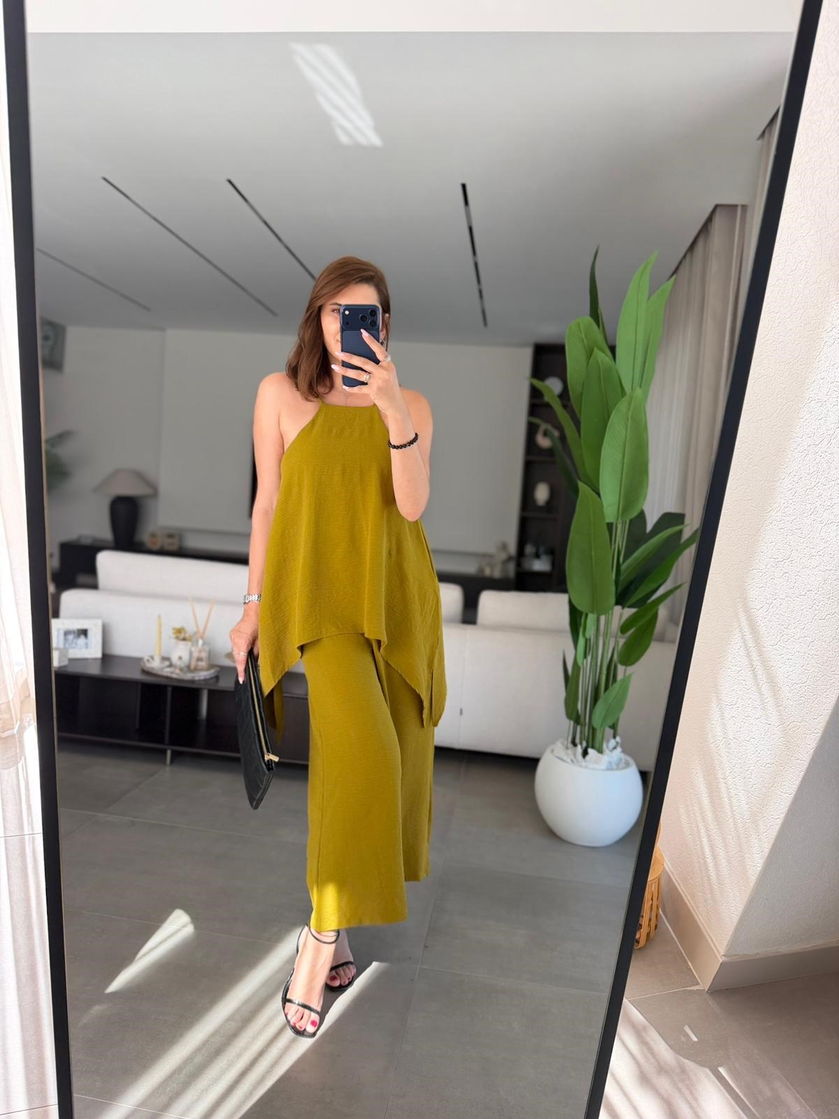 Yağyeşili  Askılı Bluz Detaylı Tulum