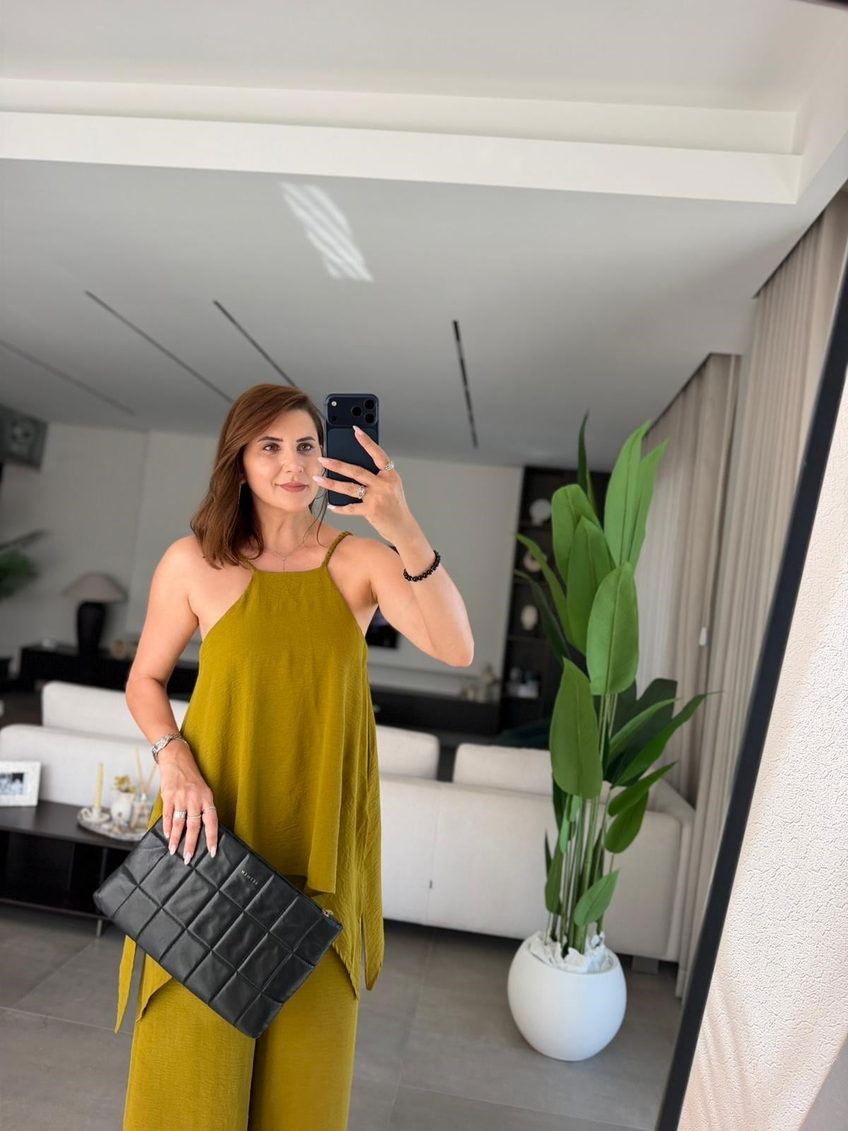Yağyeşili  Askılı Bluz Detaylı Tulum