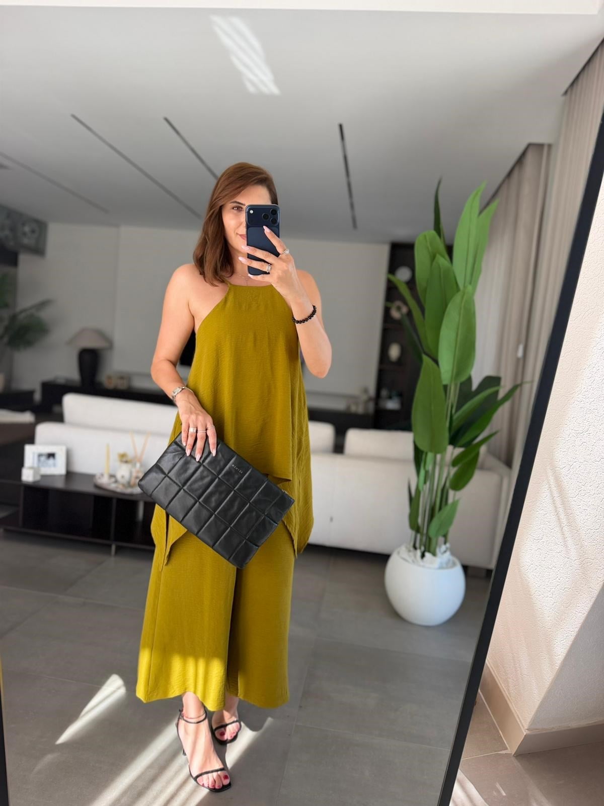 Yağyeşili  Askılı Bluz Detaylı Tulum