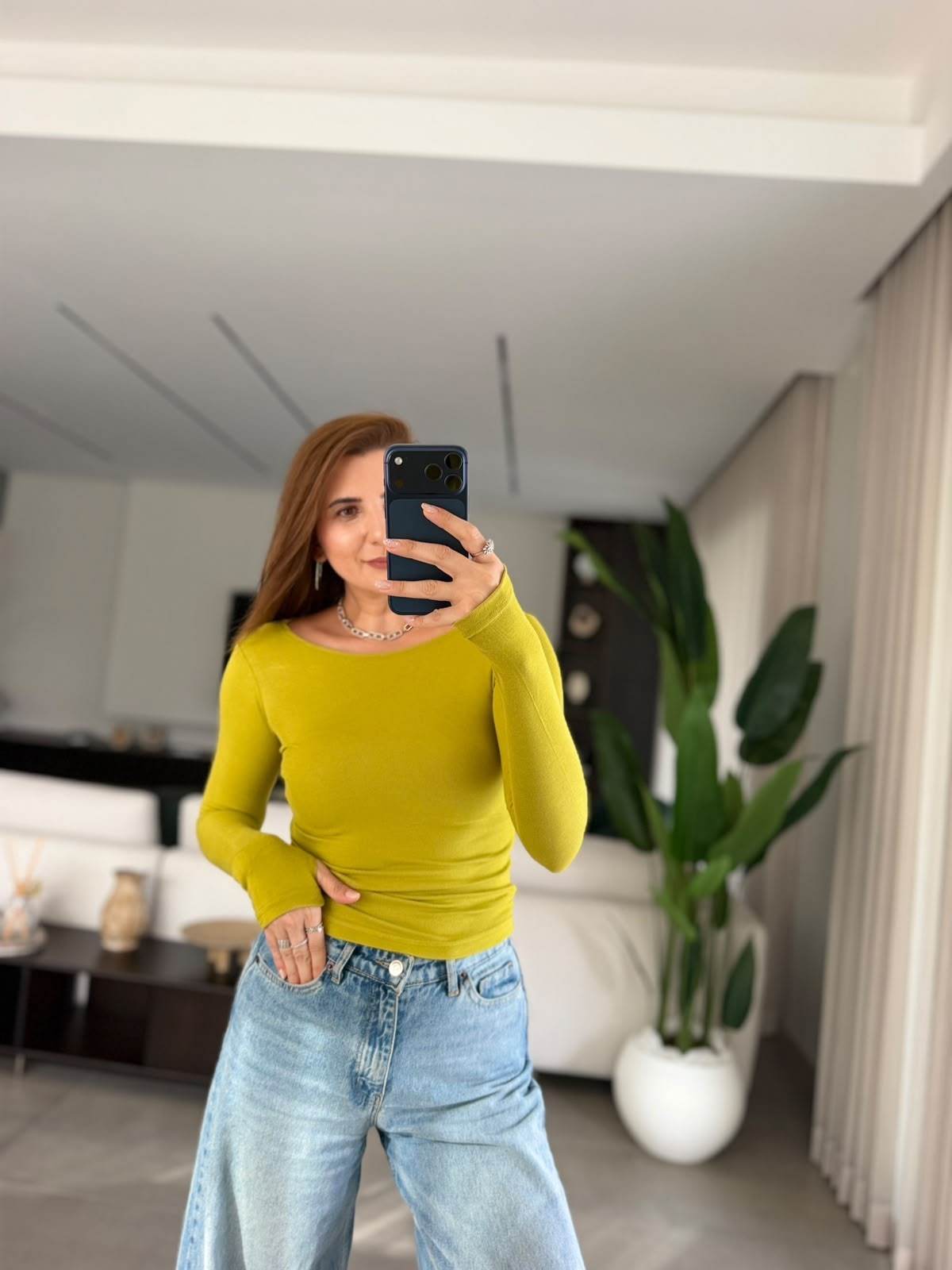 Yağyeşili  Kayık Yaka Parmak Geçmeli Bluz