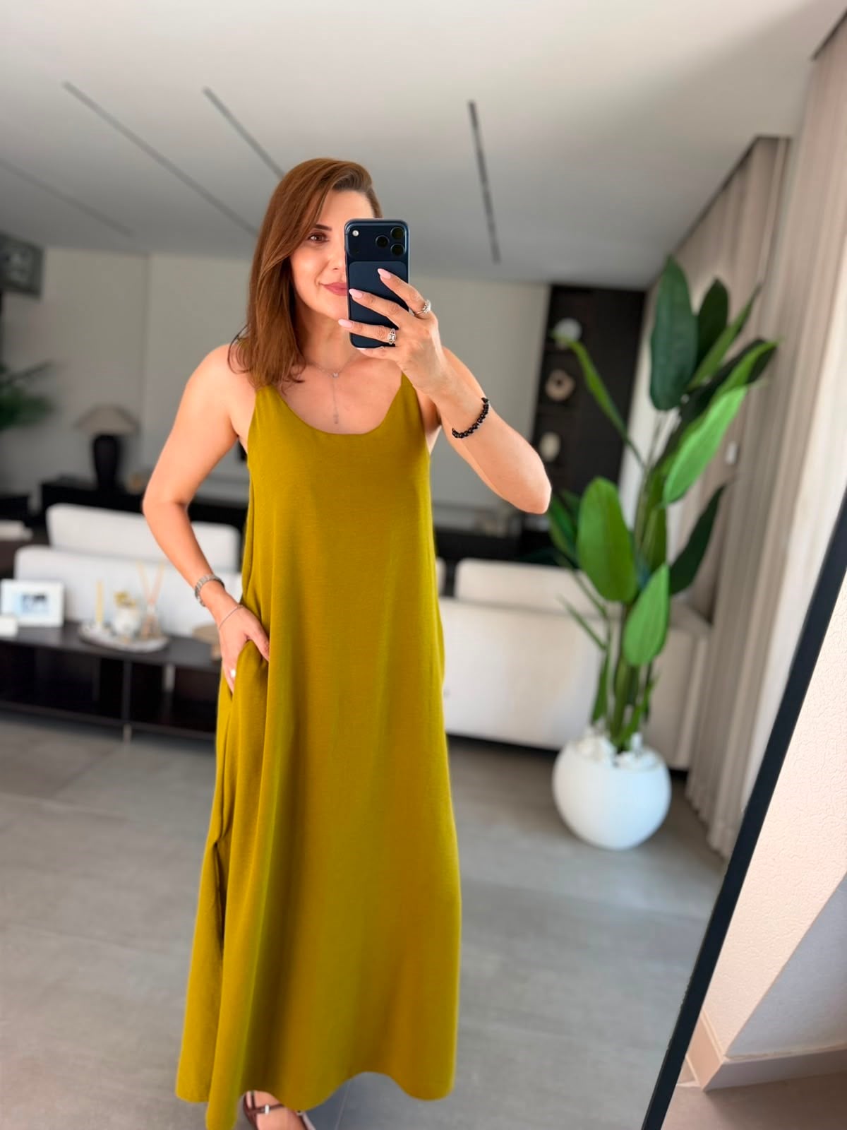 Yağyeşili Tela Askılı Elbise