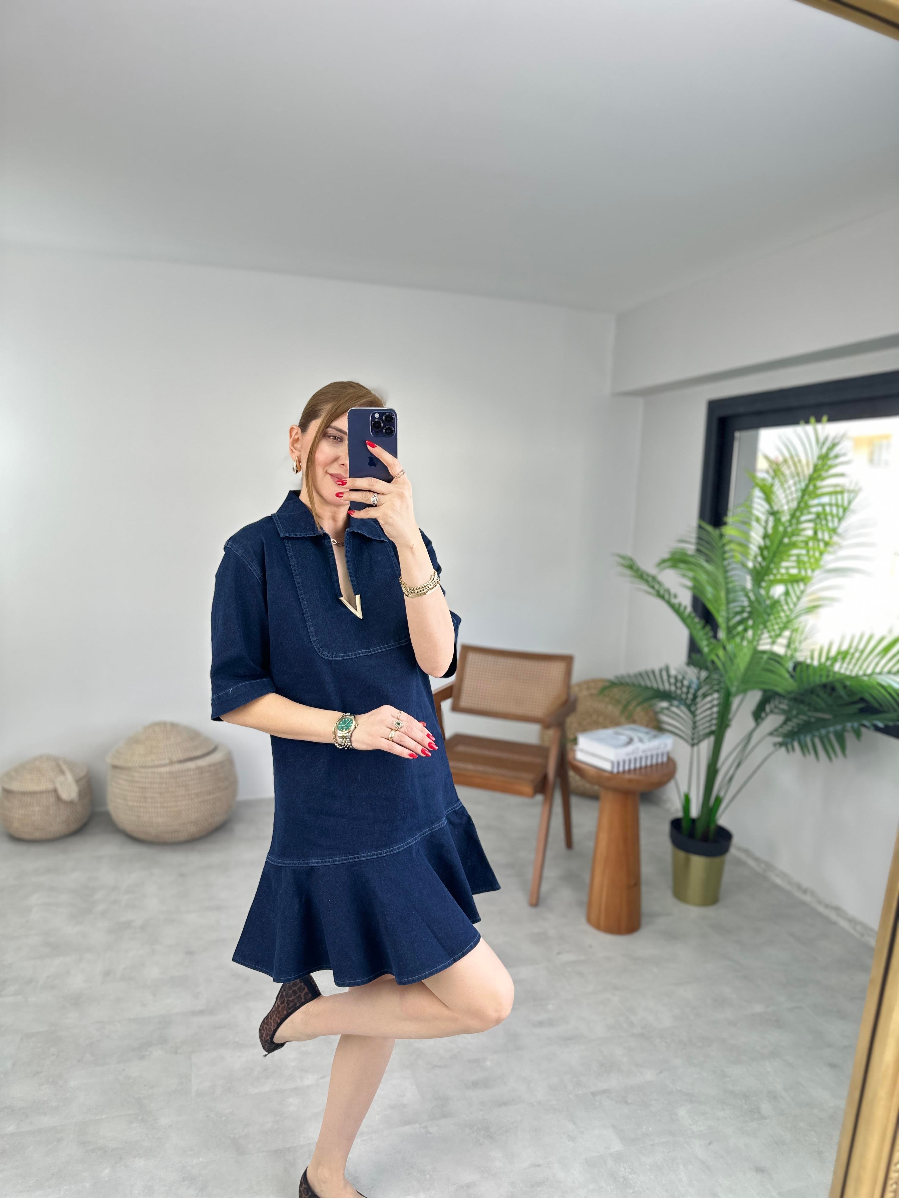Yaka Klips Detaylı Kot Elbise