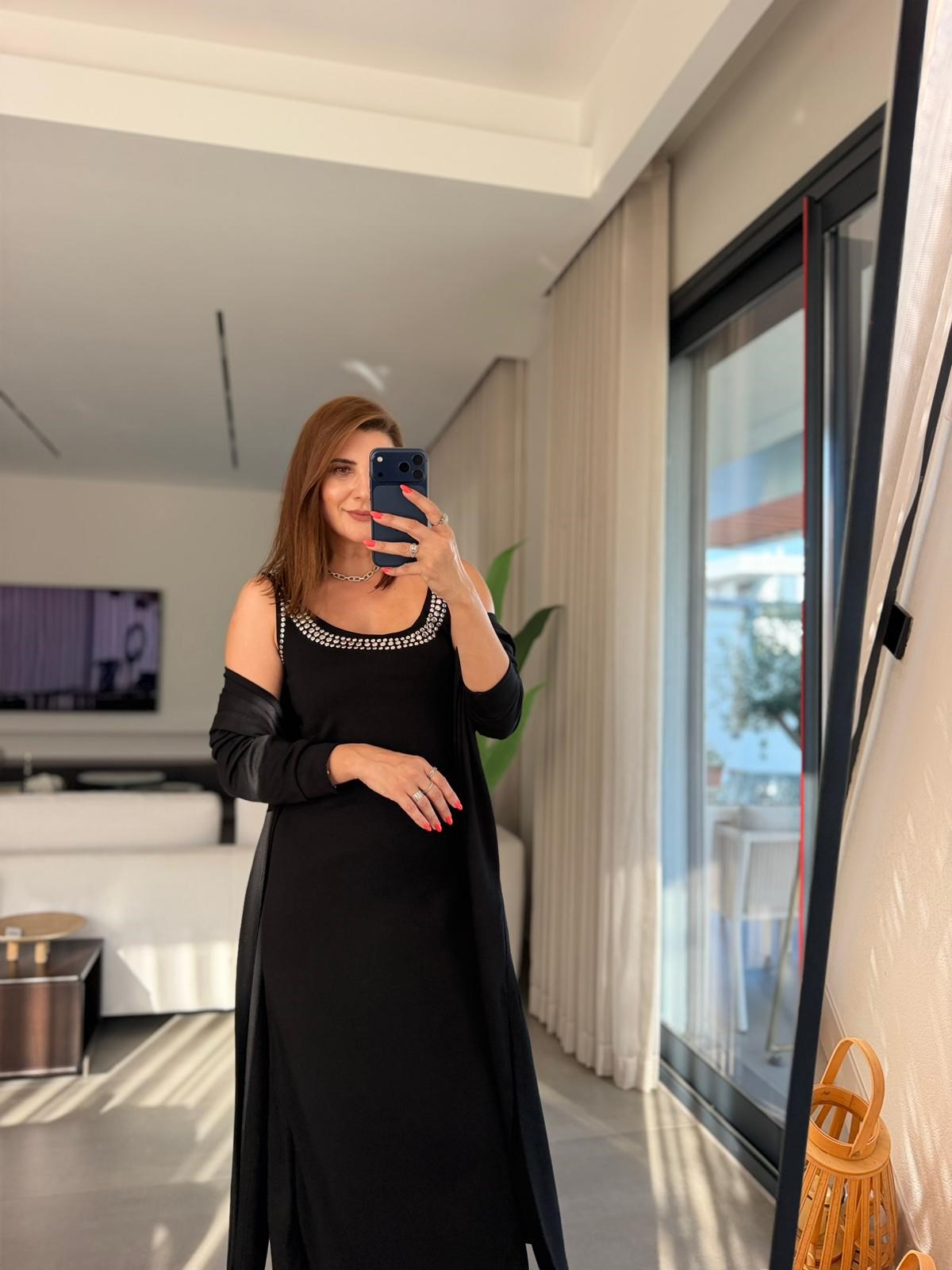 Yaka Zımba Detaylı Kapşonlu Hırka Elbise