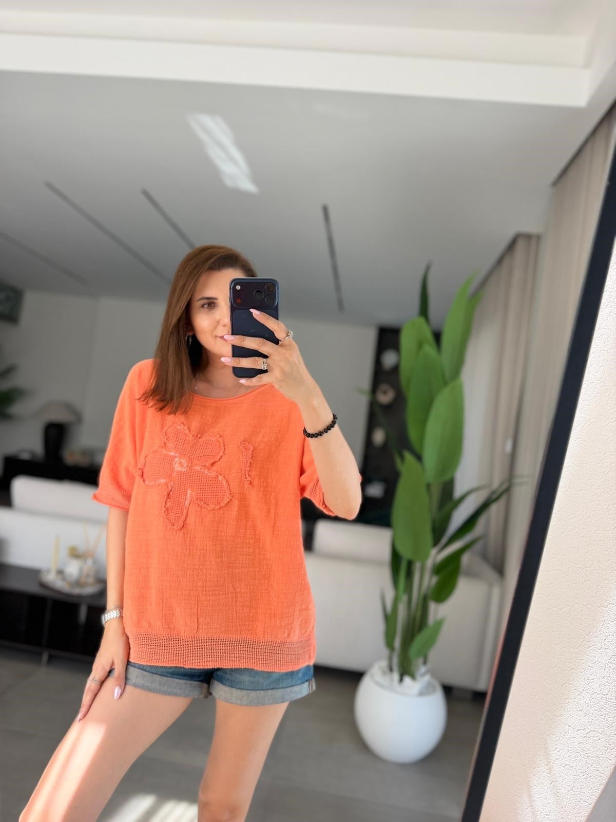 Yavruağzı  Papatya Pullu Keten Bluz