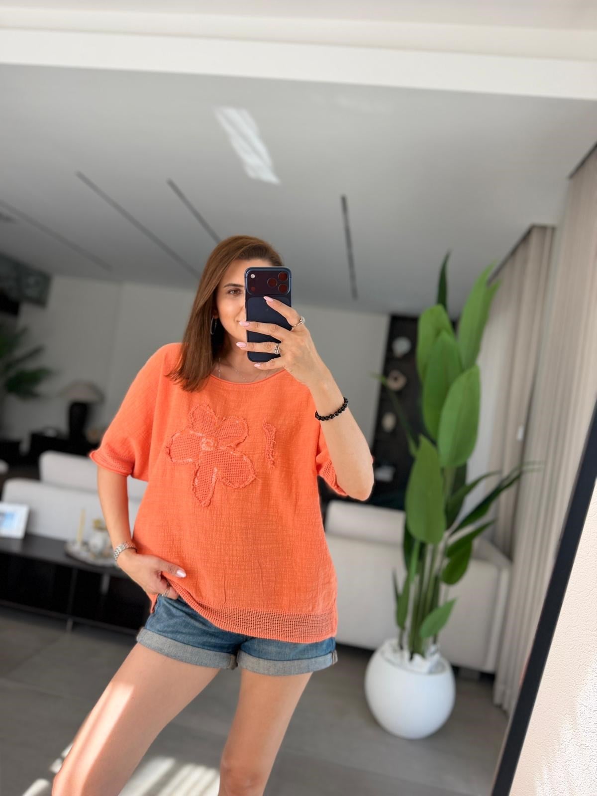 Yavruağzı  Papatya Pullu Keten Bluz