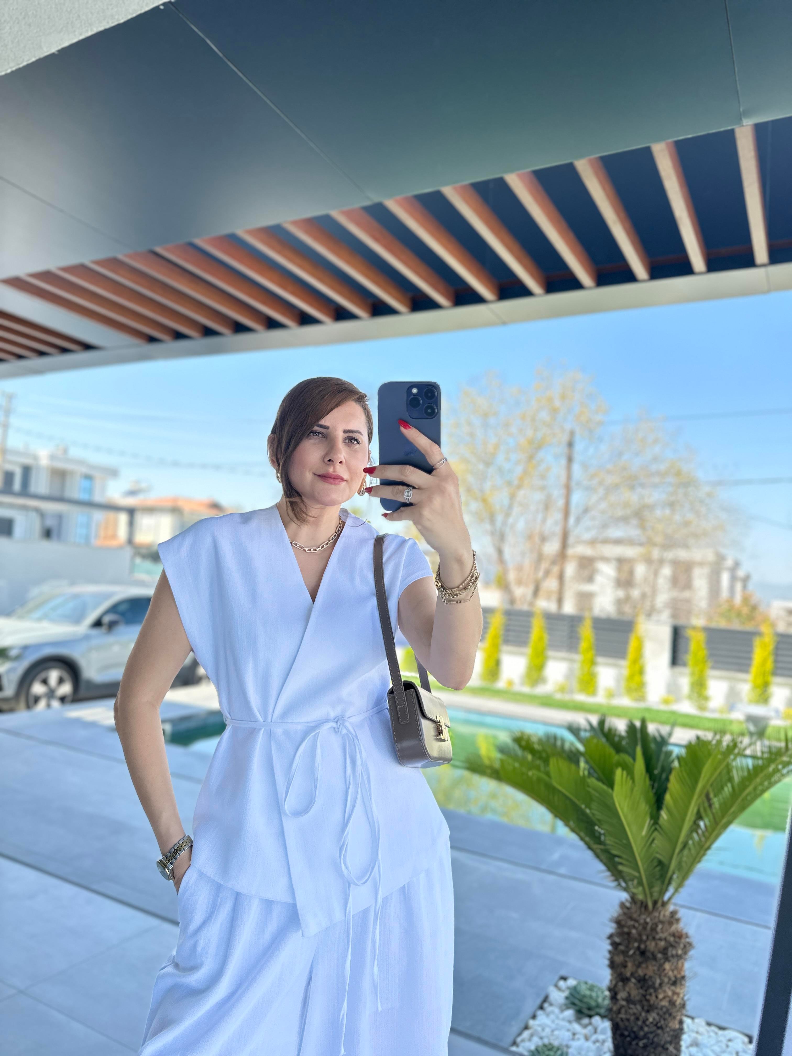 Yelekli Bol Paça Ham Keten Takım
