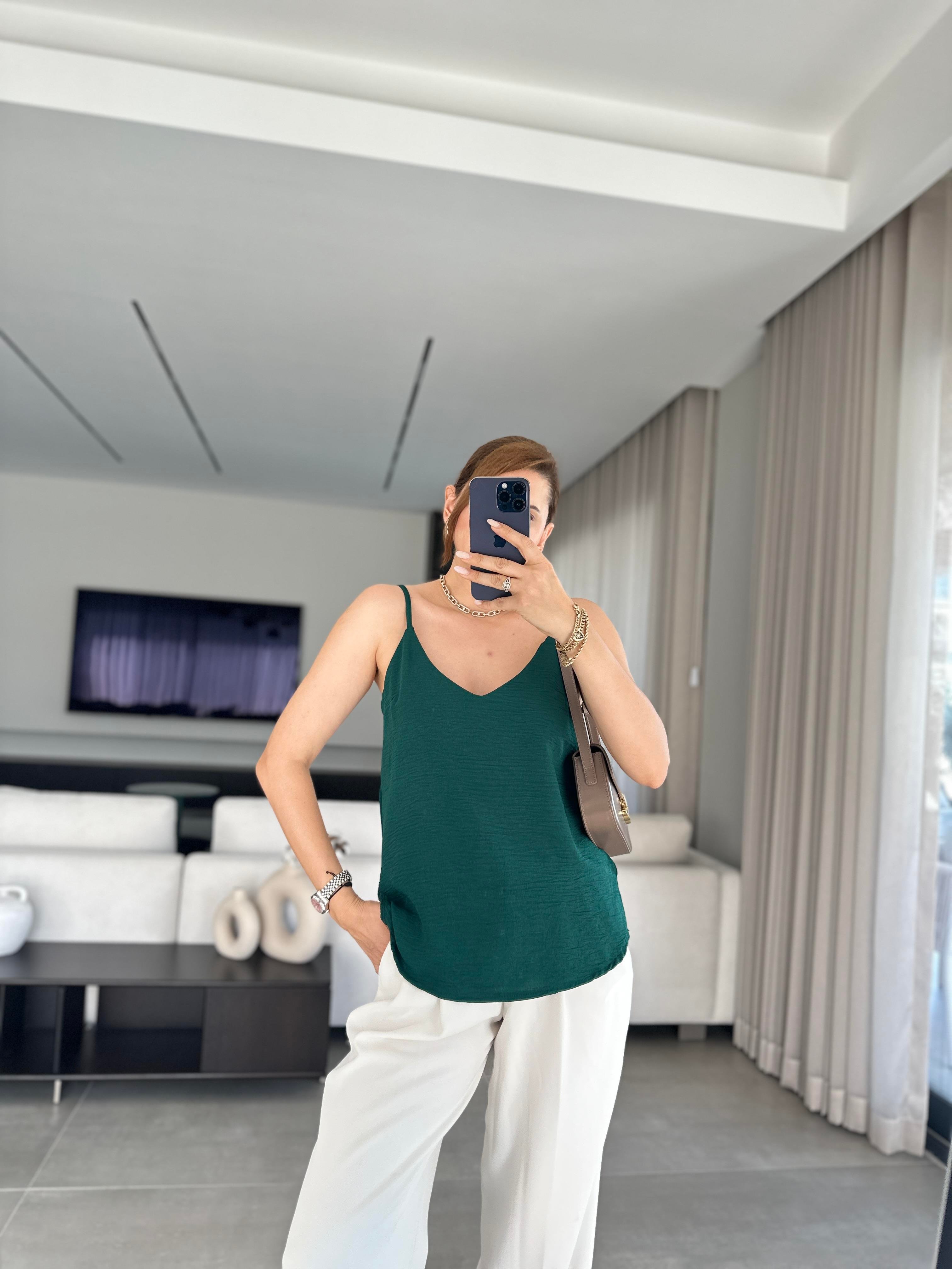 Yeşil Ayrobin İp Askılı Bluz