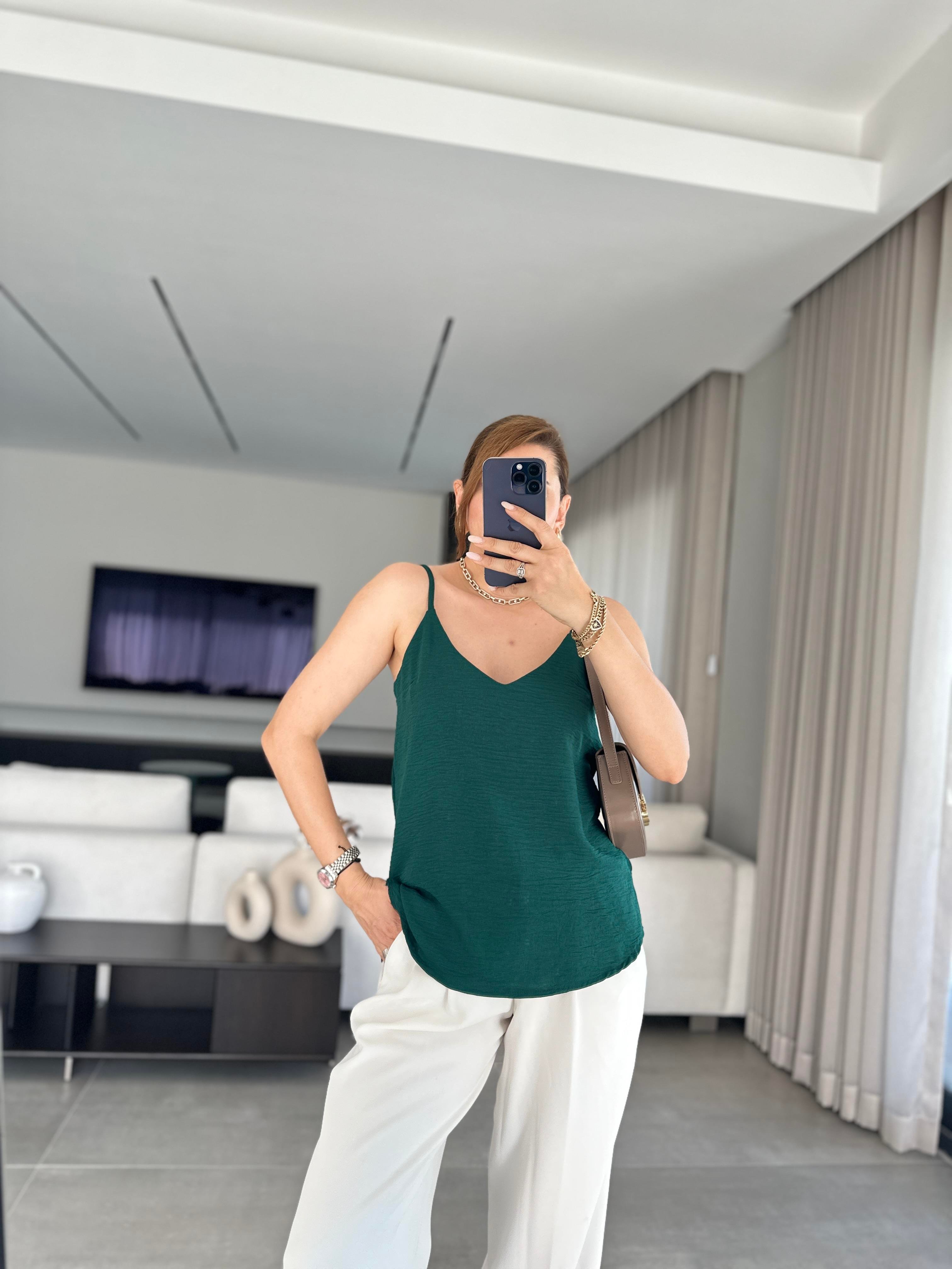 Yeşil Ayrobin İp Askılı Bluz