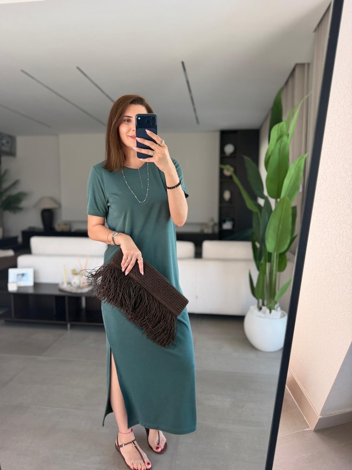 Yeşil Bisiklet Yaka Yırtmaçlı Pike Elbise