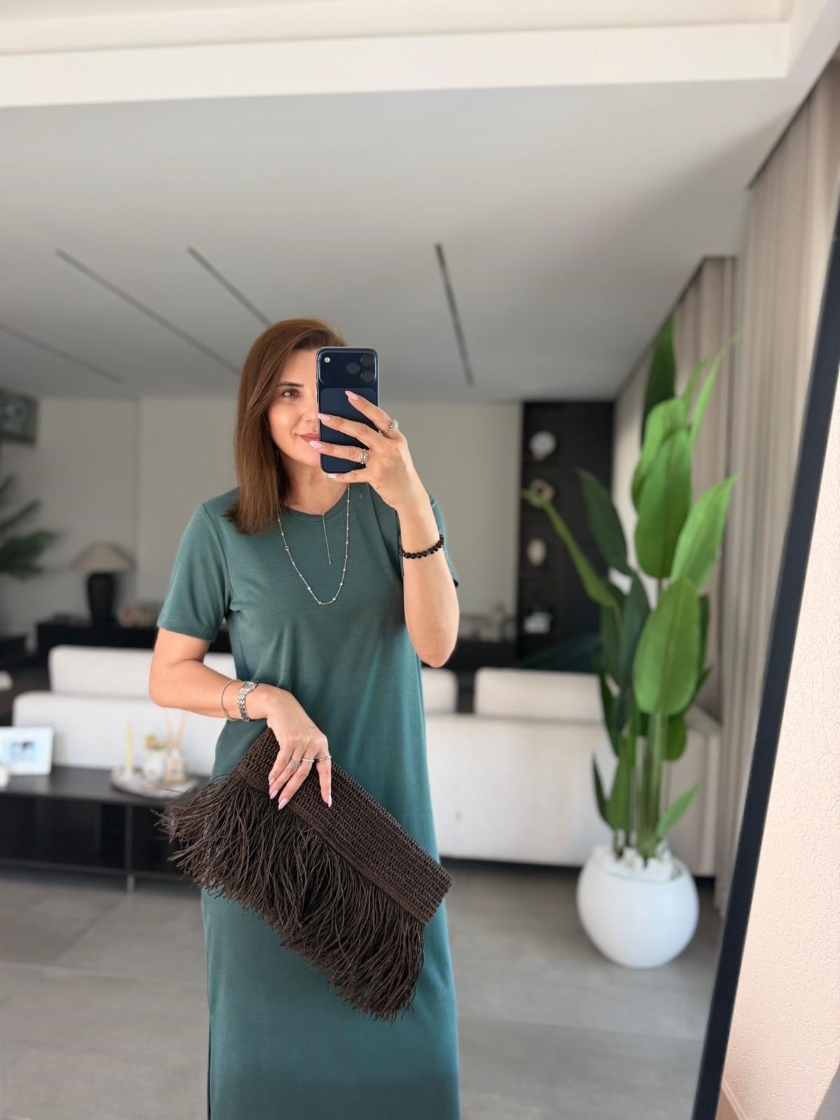 Yeşil Bisiklet Yaka Yırtmaçlı Pike Elbise