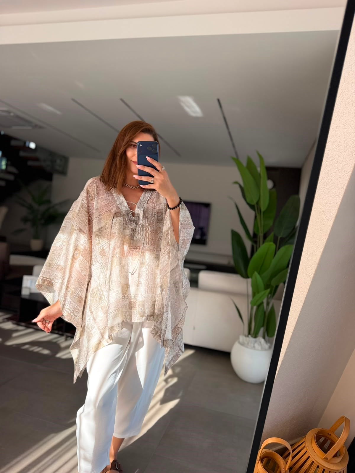 Yeşil Etnik Desen Bağlamalı Bluz