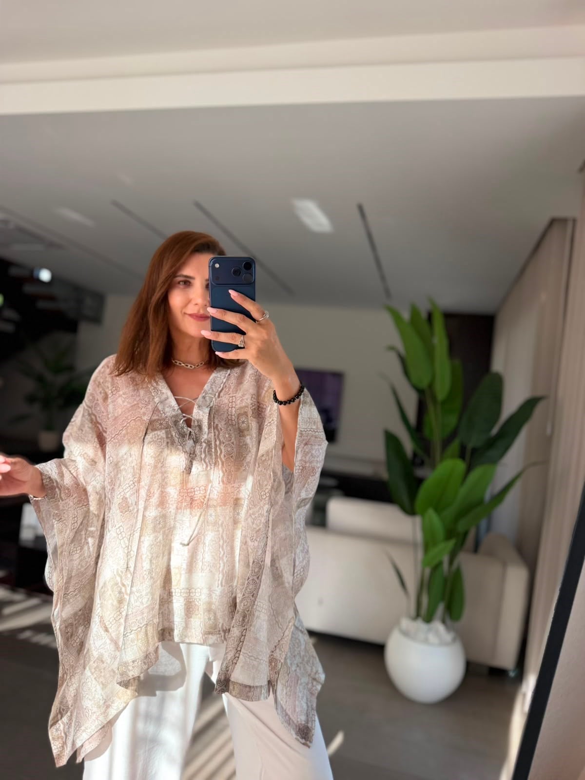 Yeşil Etnik Desen Bağlamalı Bluz