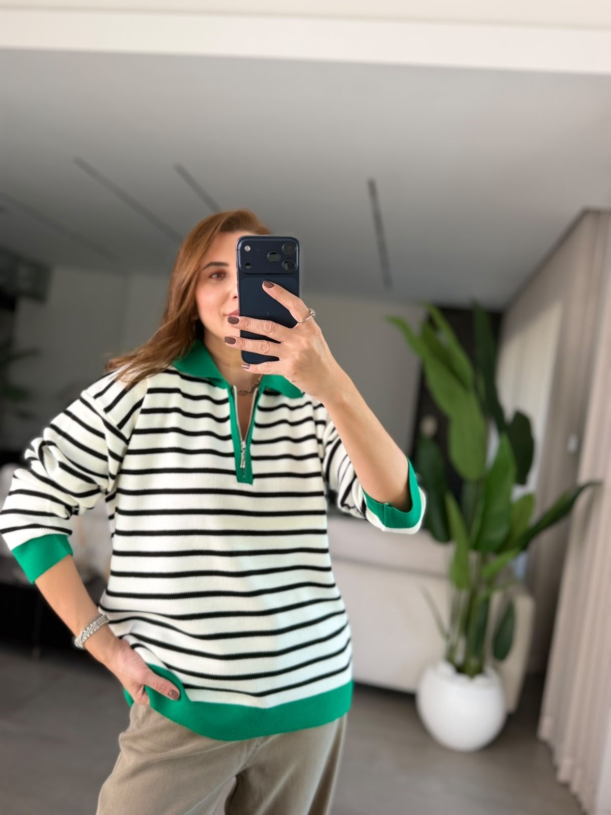 Yeşil Fermuarlı Çizgili Triko