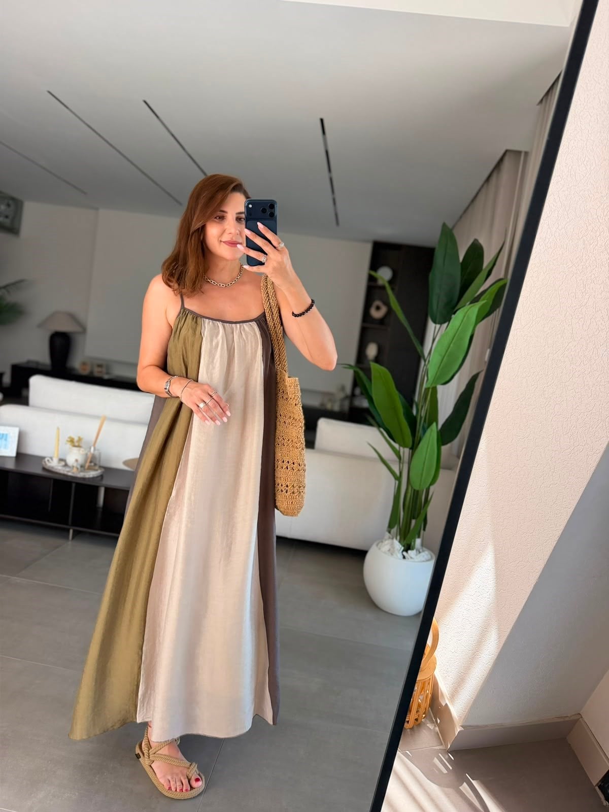 Yeşil İki Renkli Şeritli Elbise