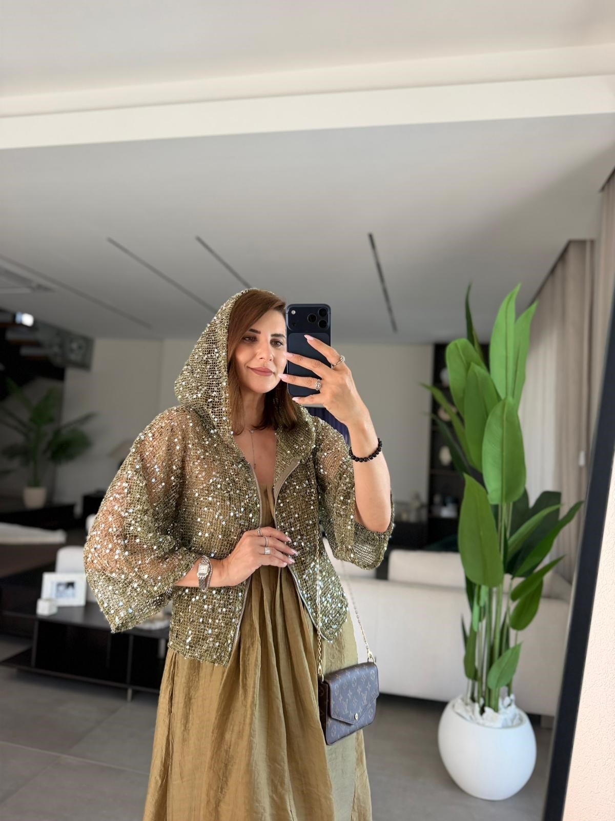 Yeşil  Kapşonlu File Bluz