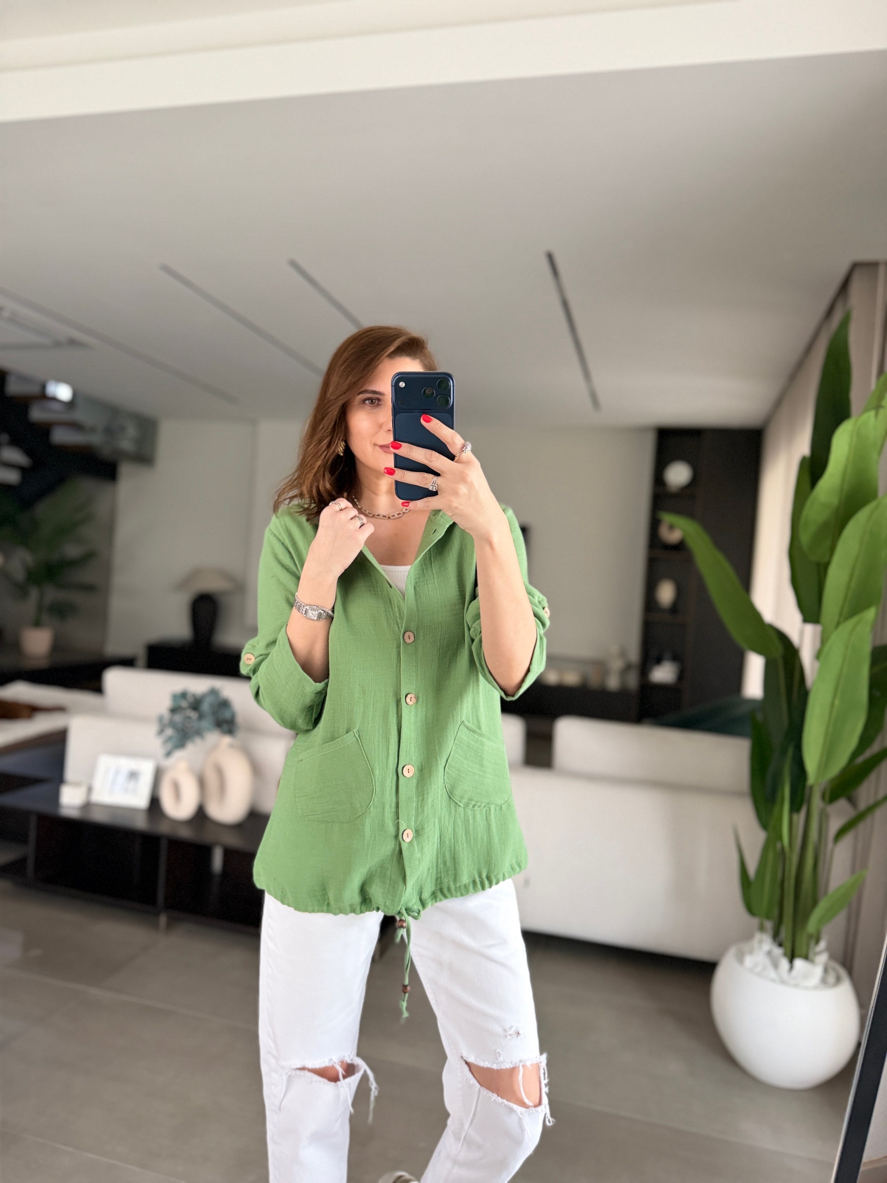 Yeşil Müslin Kapşonlu Ceket