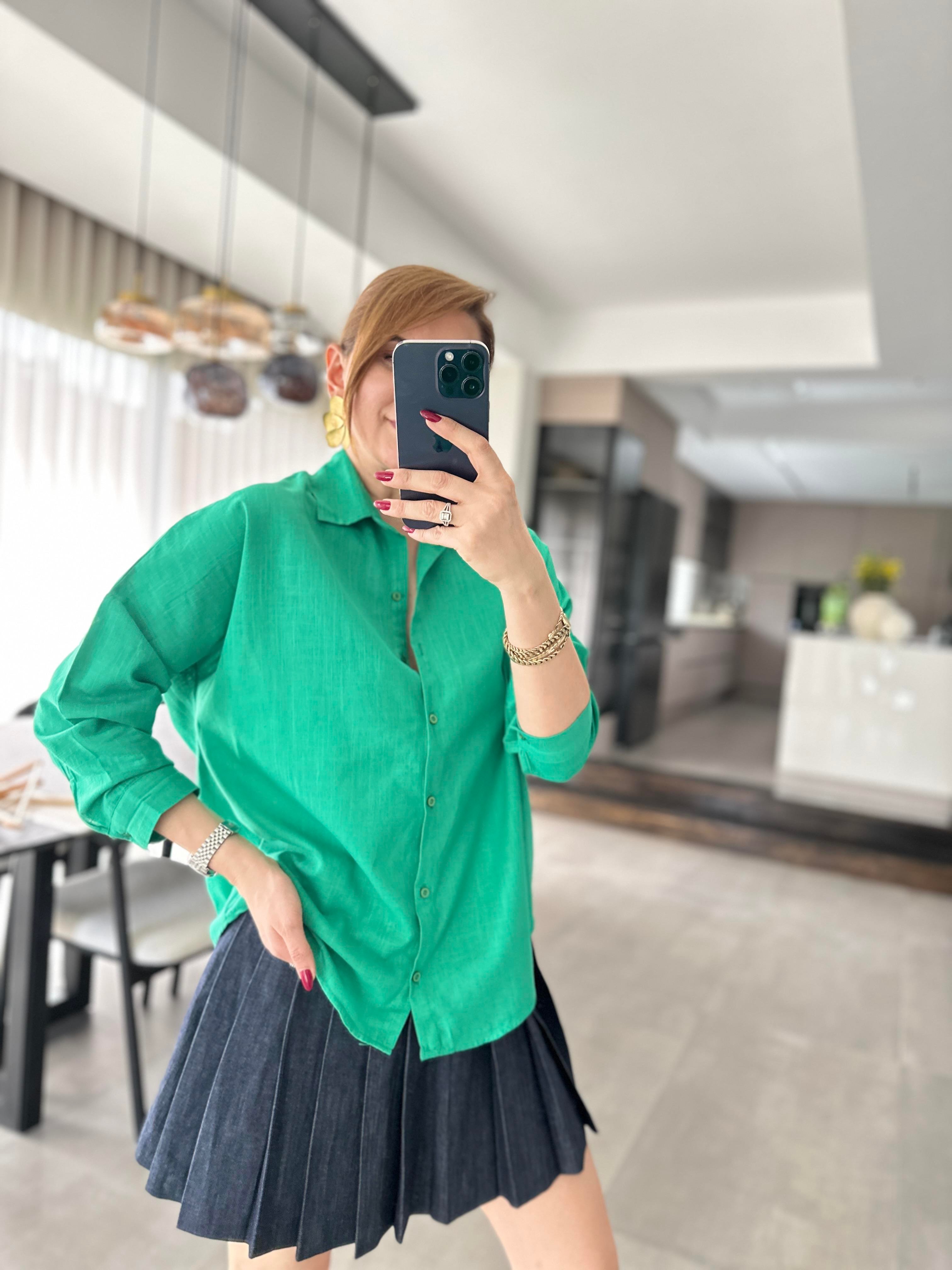 Yeşil Oversize Keten Gömlek