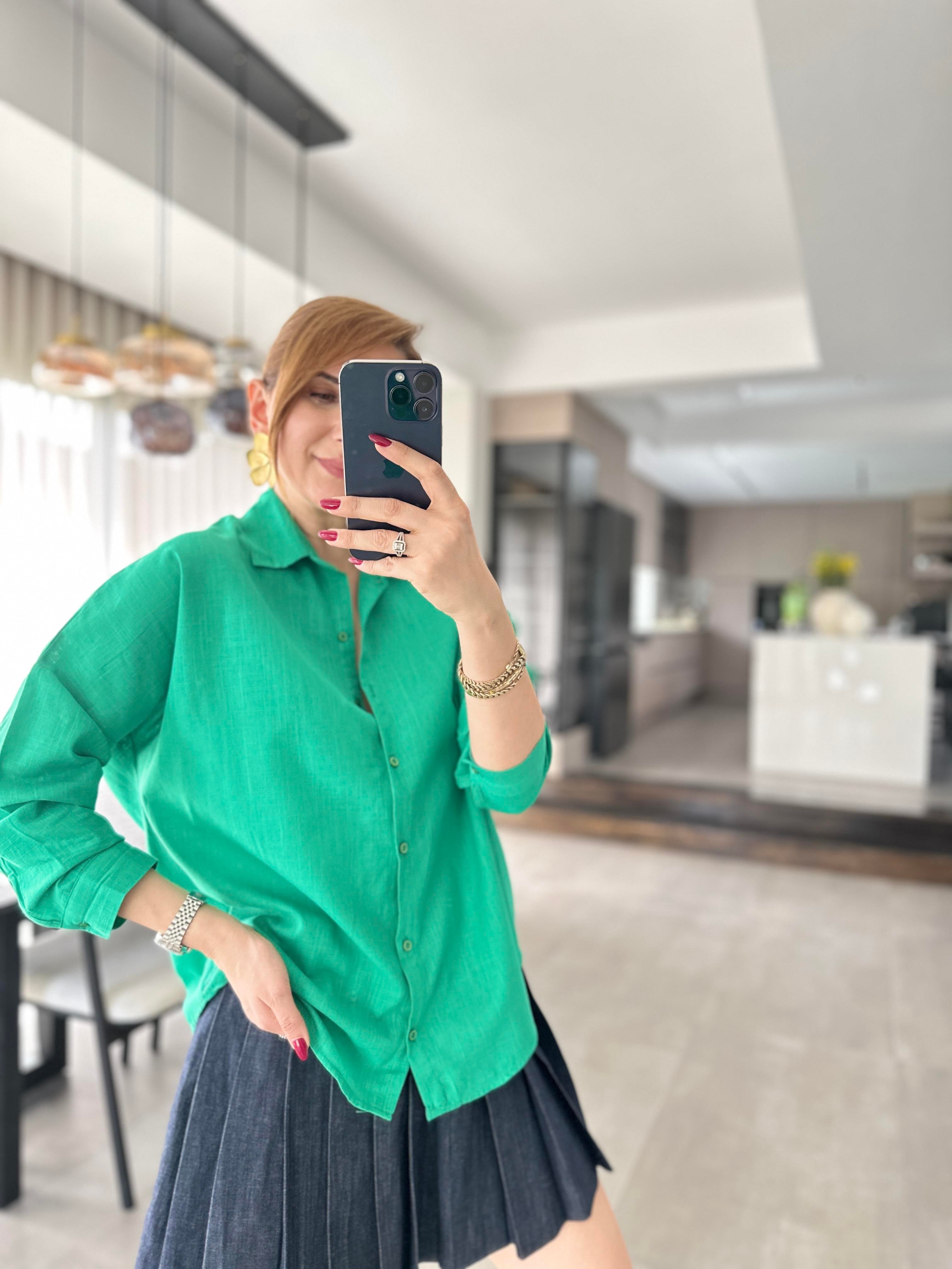 Yeşil Oversize Keten Gömlek