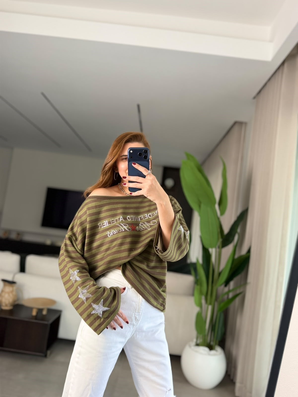Yeşil  Pırıltı Çizgi Sweatshırt