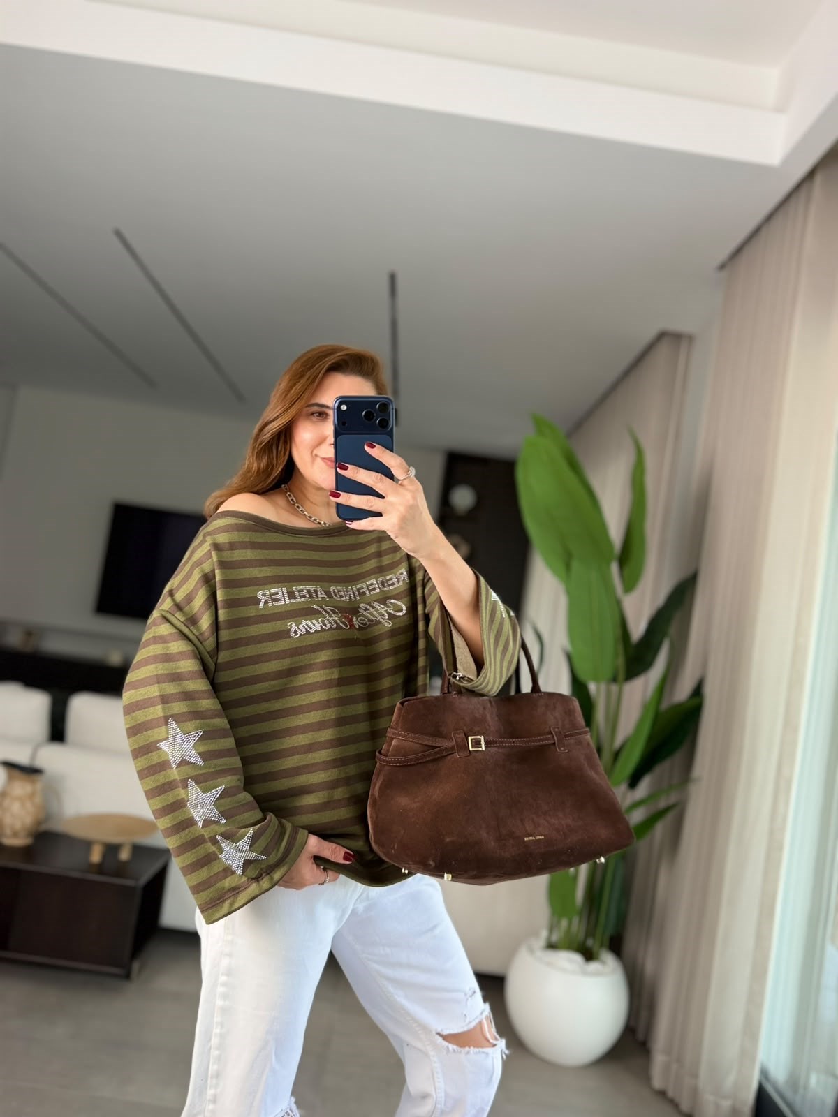 Yeşil  Pırıltı Çizgi Sweatshırt