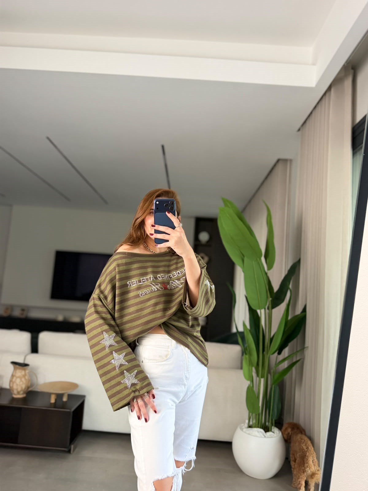 Yeşil  Pırıltı Çizgi Sweatshırt