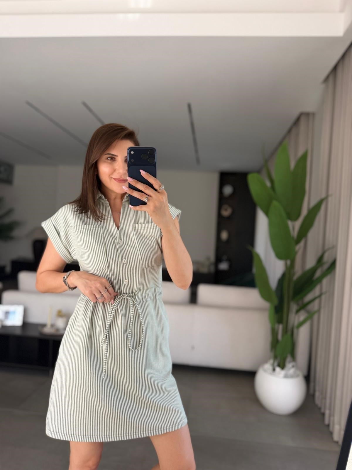 Yeşil Polo Yaka Çizgili Elbise