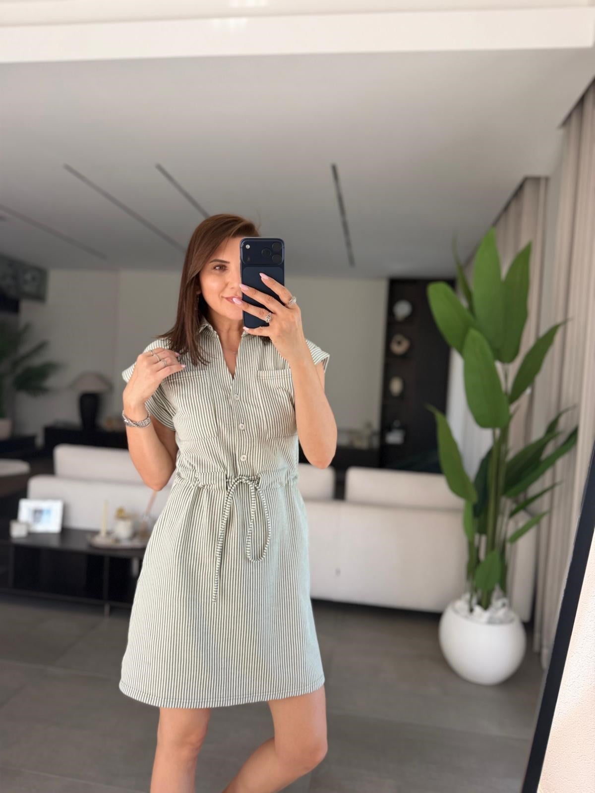 Yeşil Polo Yaka Çizgili Elbise