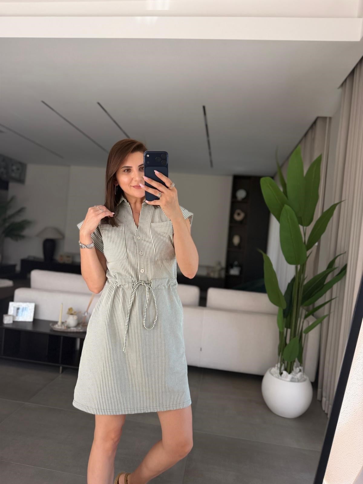 Yeşil Polo Yaka Çizgili Elbise