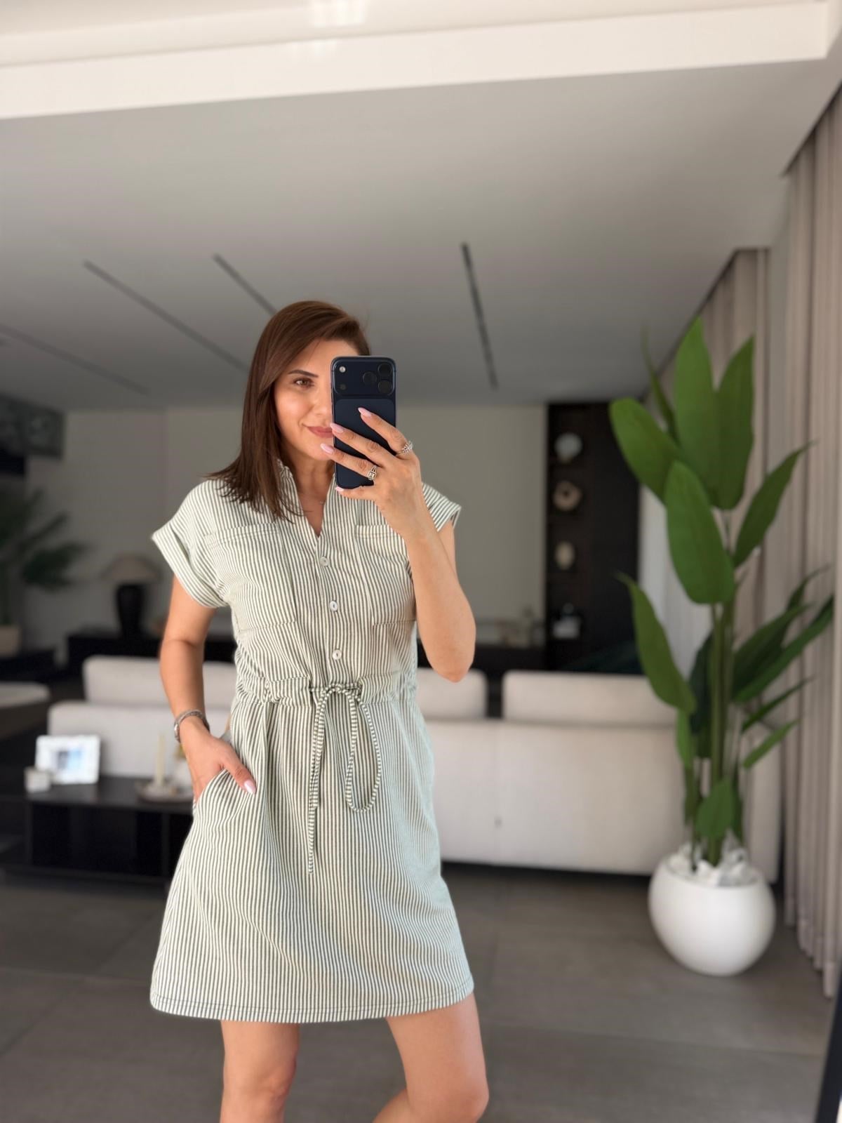 Yeşil Polo Yaka Çizgili Elbise