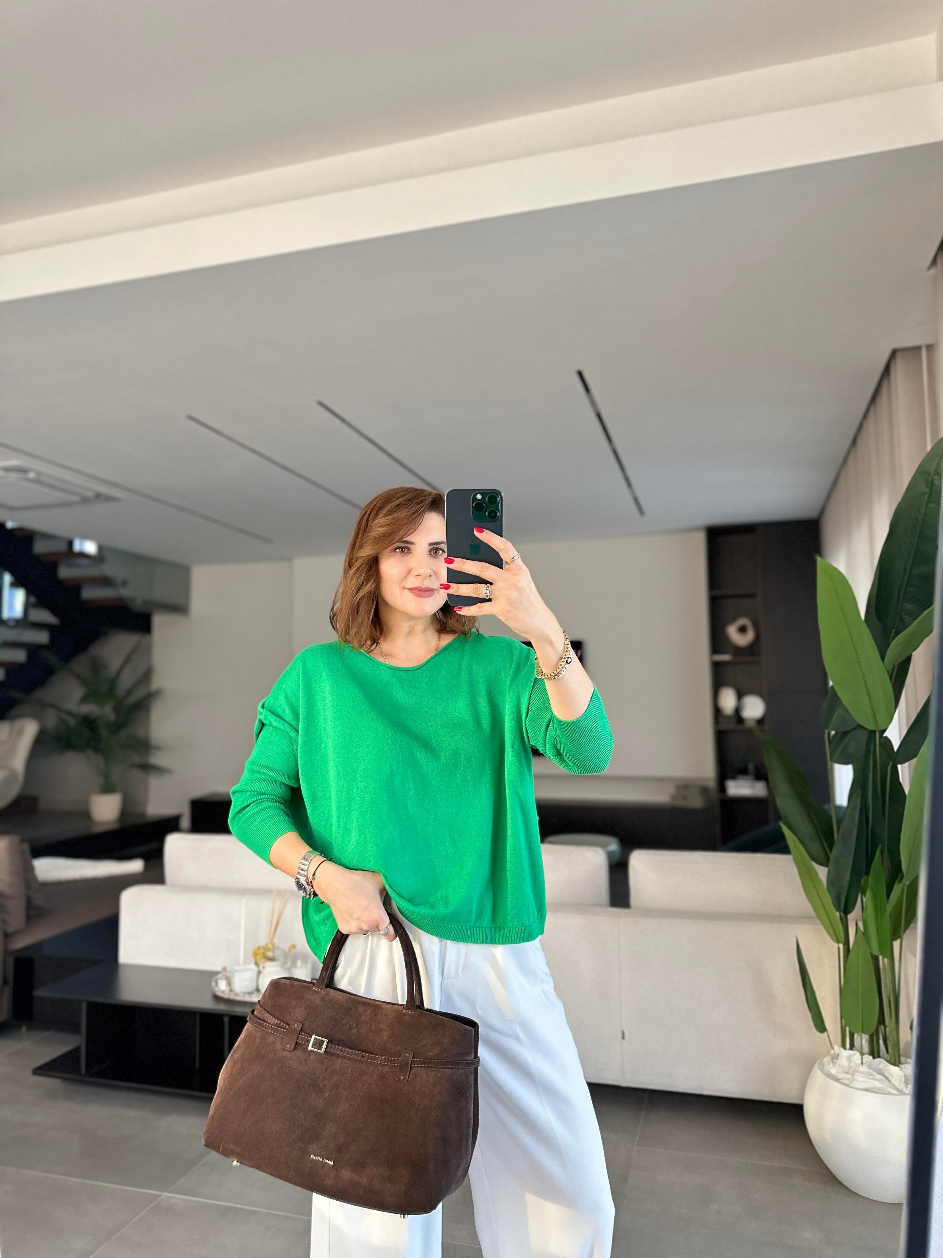 Yeşil Rozal Kol Lastik Detaylı Bluz