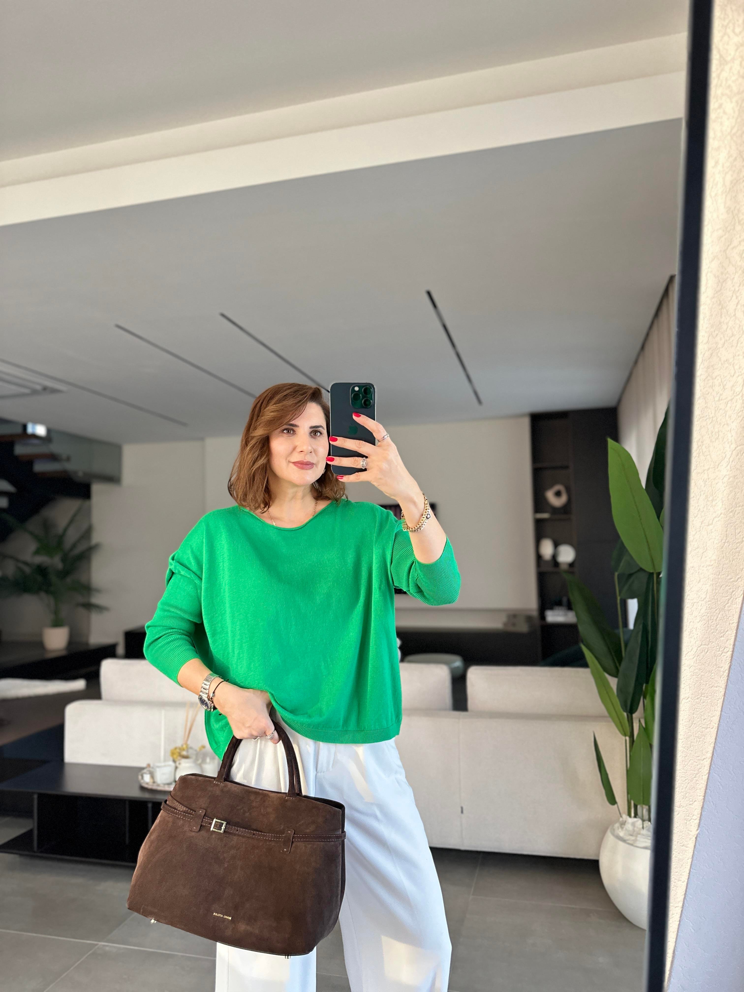 Yeşil Rozal Kol Lastik Detaylı Bluz