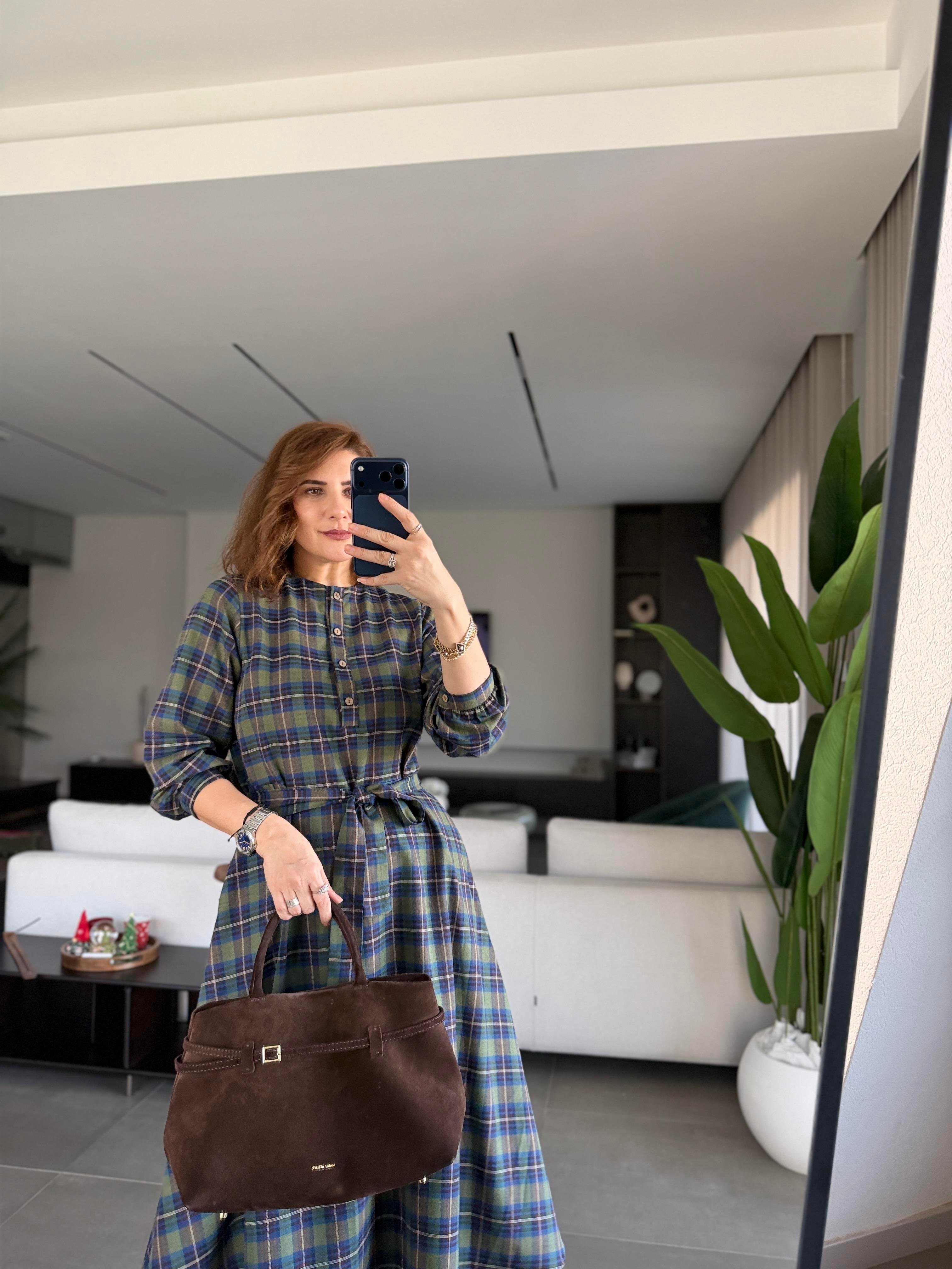 Yeşil Yanı Cepli Ekoseli Elbise